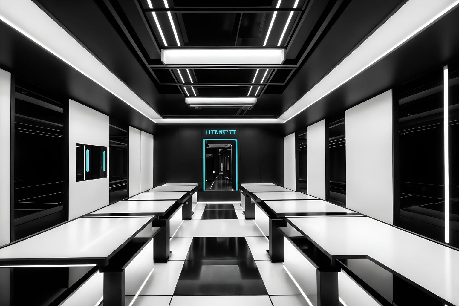 futuristic-style (clothing store interior) . with glass panes and monochromatic palette and neutral background and bright accents and futurism minimalist interior and futuristic interior and steel finishing and strong geometric walls and futurism. . cinematic photo, highly detailed, cinematic lighting, ultra-detailed, ultrarealistic, photorealism, 8k. futuristic interior design style. masterpiece, cinematic light, ultrarealistic+, photorealistic+, 8k, raw photo, realistic, sharp focus on eyes, (symmetrical eyes), (intact eyes), hyperrealistic, highest quality, best quality, , highly detailed, masterpiece, best quality, extremely detailed 8k wallpaper, masterpiece, best quality, ultra-detailed, best shadow, detailed background, detailed face, detailed eyes, high contrast, best illumination, detailed face, dulux, caustic, dynamic angle, detailed glow. dramatic lighting. highly detailed, insanely detailed hair, symmetrical, intricate details, professionally retouched, 8k high definition. strong bokeh. award winning photo.