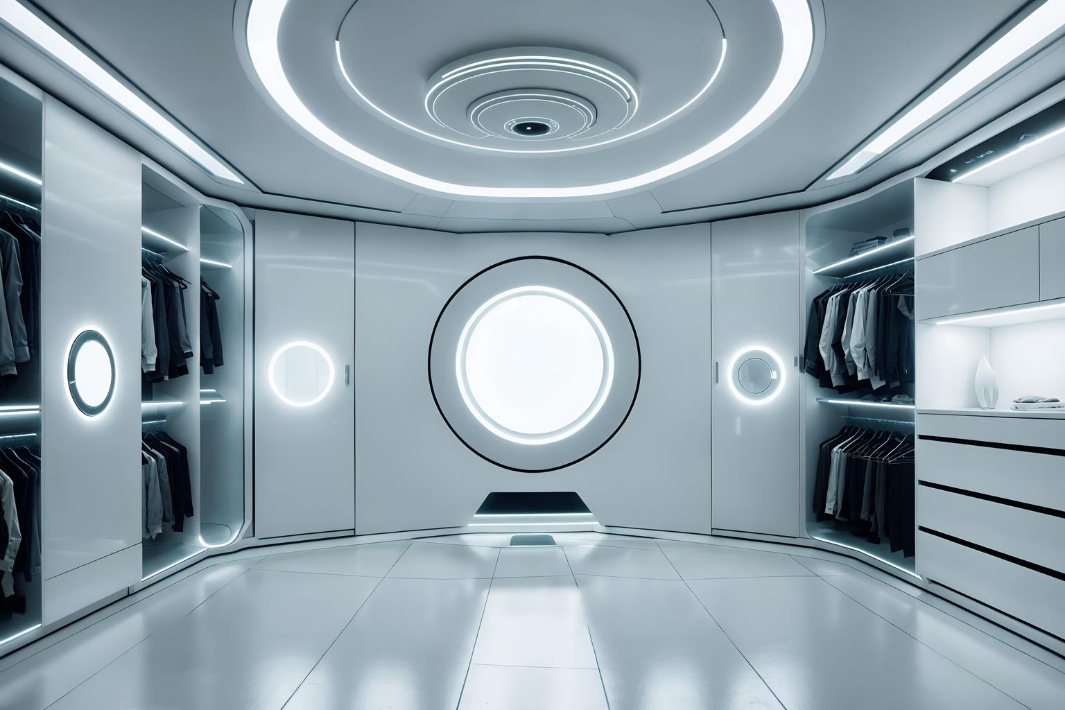 futuristic-style (walk in closet interior) . with circular shapes and spaceship interior and minimalist clean lines and glass panes and strong geometric walls and smooth marble and futuristic interior and floating surfaces. . cinematic photo, highly detailed, cinematic lighting, ultra-detailed, ultrarealistic, photorealism, 8k. futuristic interior design style. masterpiece, cinematic light, ultrarealistic+, photorealistic+, 8k, raw photo, realistic, sharp focus on eyes, (symmetrical eyes), (intact eyes), hyperrealistic, highest quality, best quality, , highly detailed, masterpiece, best quality, extremely detailed 8k wallpaper, masterpiece, best quality, ultra-detailed, best shadow, detailed background, detailed face, detailed eyes, high contrast, best illumination, detailed face, dulux, caustic, dynamic angle, detailed glow. dramatic lighting. highly detailed, insanely detailed hair, symmetrical, intricate details, professionally retouched, 8k high definition. strong bokeh. award winning photo.