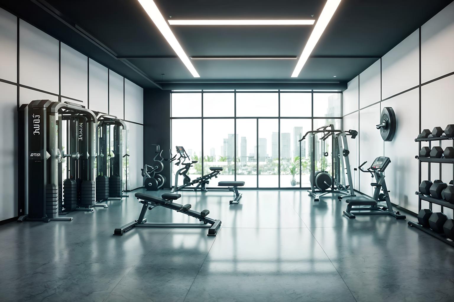 futuristic-style (fitness gym interior) with squat rack and bench press and crosstrainer and exercise bicycle and dumbbell stand and squat rack. . with smooth marble and minimalist clean lines and smooth polished marble and light colors and floating surfaces and glass panes and futuristic interior and circular shapes. . cinematic photo, highly detailed, cinematic lighting, ultra-detailed, ultrarealistic, photorealism, 8k. futuristic interior design style. masterpiece, cinematic light, ultrarealistic+, photorealistic+, 8k, raw photo, realistic, sharp focus on eyes, (symmetrical eyes), (intact eyes), hyperrealistic, highest quality, best quality, , highly detailed, masterpiece, best quality, extremely detailed 8k wallpaper, masterpiece, best quality, ultra-detailed, best shadow, detailed background, detailed face, detailed eyes, high contrast, best illumination, detailed face, dulux, caustic, dynamic angle, detailed glow. dramatic lighting. highly detailed, insanely detailed hair, symmetrical, intricate details, professionally retouched, 8k high definition. strong bokeh. award winning photo.