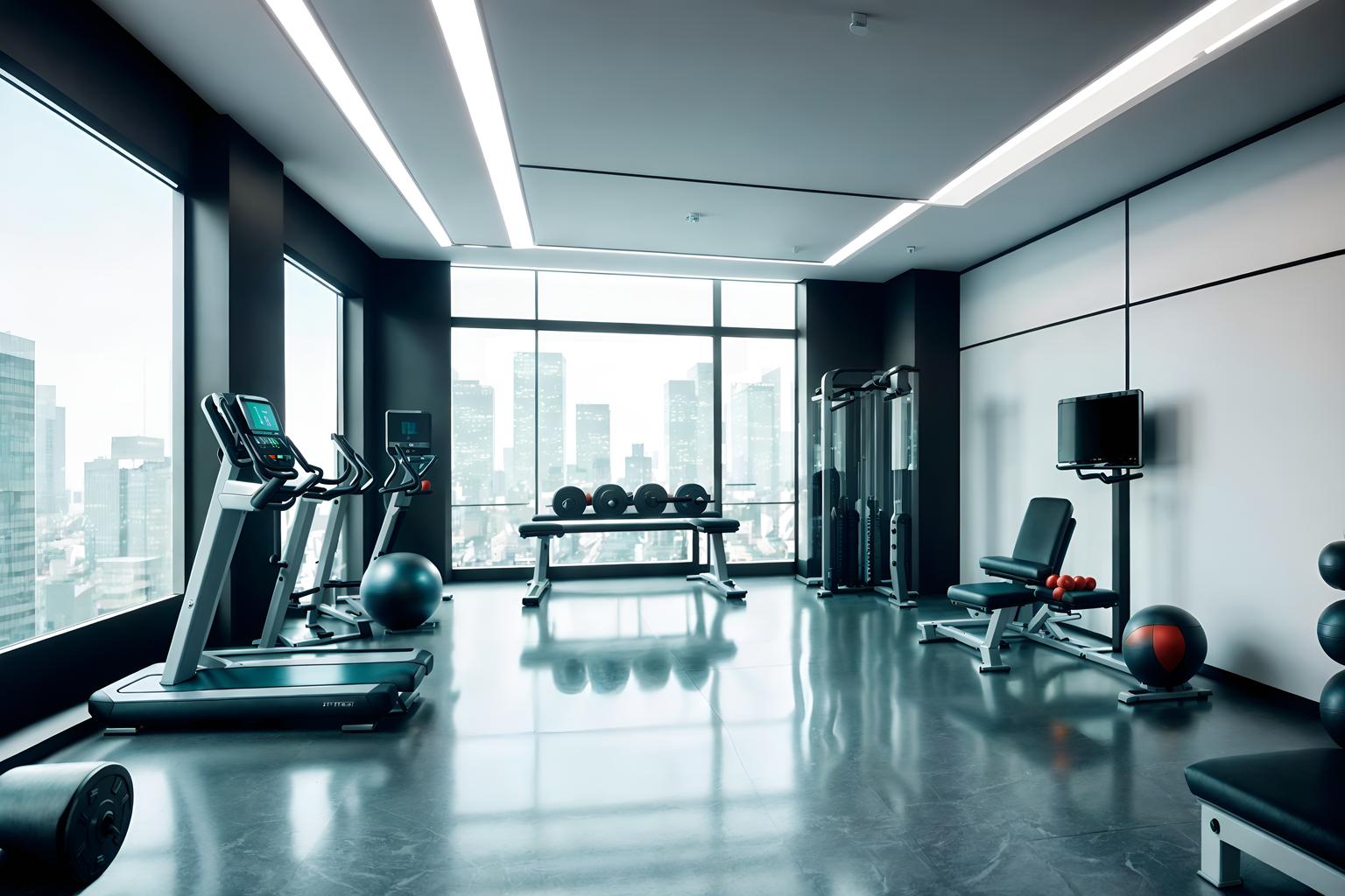 futuristic-style (fitness gym interior) with squat rack and bench press and crosstrainer and exercise bicycle and dumbbell stand and squat rack. . with smooth marble and minimalist clean lines and smooth polished marble and light colors and floating surfaces and glass panes and futuristic interior and circular shapes. . cinematic photo, highly detailed, cinematic lighting, ultra-detailed, ultrarealistic, photorealism, 8k. futuristic interior design style. masterpiece, cinematic light, ultrarealistic+, photorealistic+, 8k, raw photo, realistic, sharp focus on eyes, (symmetrical eyes), (intact eyes), hyperrealistic, highest quality, best quality, , highly detailed, masterpiece, best quality, extremely detailed 8k wallpaper, masterpiece, best quality, ultra-detailed, best shadow, detailed background, detailed face, detailed eyes, high contrast, best illumination, detailed face, dulux, caustic, dynamic angle, detailed glow. dramatic lighting. highly detailed, insanely detailed hair, symmetrical, intricate details, professionally retouched, 8k high definition. strong bokeh. award winning photo.