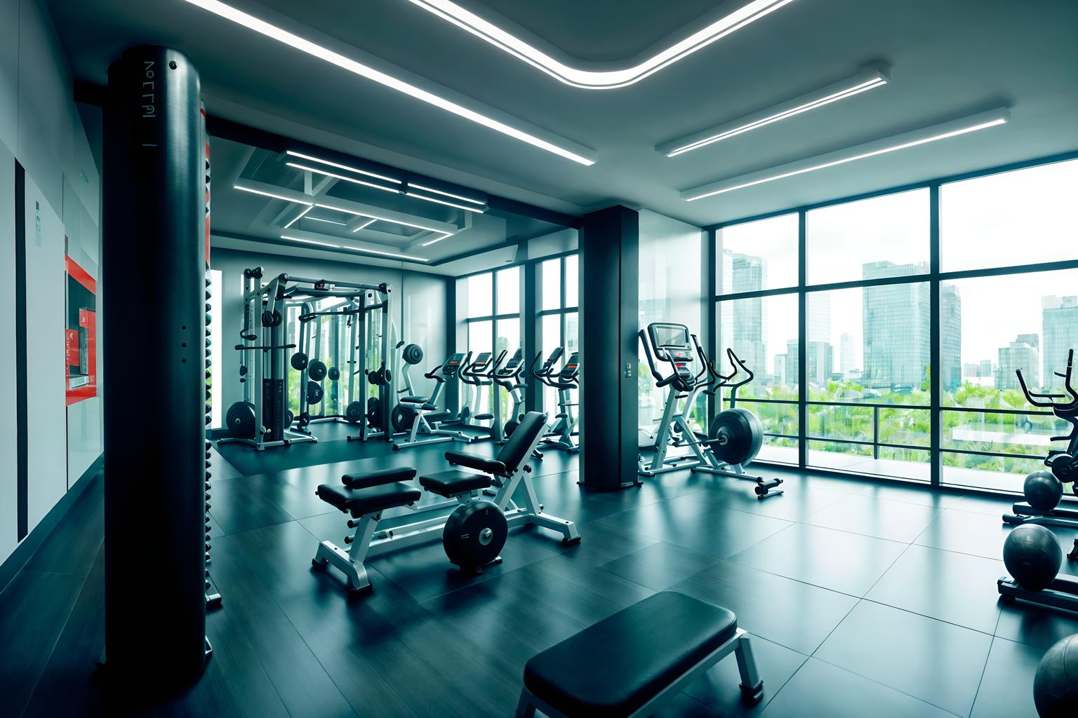 futuristic-style (fitness gym interior) with squat rack and bench press and crosstrainer and exercise bicycle and dumbbell stand and squat rack. . with smooth marble and minimalist clean lines and smooth polished marble and light colors and floating surfaces and glass panes and futuristic interior and circular shapes. . cinematic photo, highly detailed, cinematic lighting, ultra-detailed, ultrarealistic, photorealism, 8k. futuristic interior design style. masterpiece, cinematic light, ultrarealistic+, photorealistic+, 8k, raw photo, realistic, sharp focus on eyes, (symmetrical eyes), (intact eyes), hyperrealistic, highest quality, best quality, , highly detailed, masterpiece, best quality, extremely detailed 8k wallpaper, masterpiece, best quality, ultra-detailed, best shadow, detailed background, detailed face, detailed eyes, high contrast, best illumination, detailed face, dulux, caustic, dynamic angle, detailed glow. dramatic lighting. highly detailed, insanely detailed hair, symmetrical, intricate details, professionally retouched, 8k high definition. strong bokeh. award winning photo.