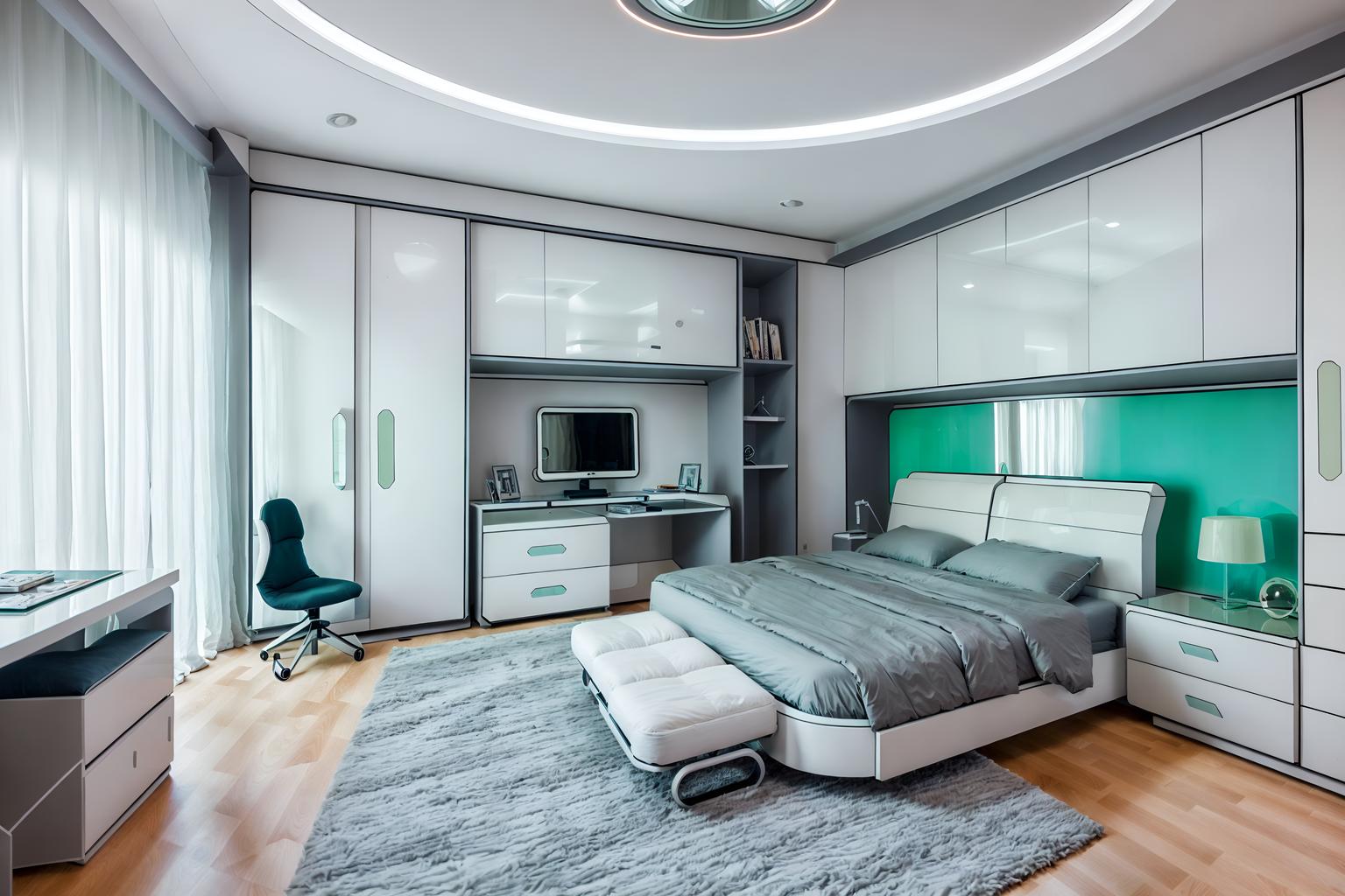 futuristic-style (kids room interior) with mirror and headboard and bed and kids desk and accent chair and bedside table or night stand and storage bench or ottoman and dresser closet. . with glass panes and futurism minimalist interior and strong geometric walls and futuristic interior and light colors and circular shapes and spaceship interior and minimalist clean lines. . cinematic photo, highly detailed, cinematic lighting, ultra-detailed, ultrarealistic, photorealism, 8k. futuristic interior design style. masterpiece, cinematic light, ultrarealistic+, photorealistic+, 8k, raw photo, realistic, sharp focus on eyes, (symmetrical eyes), (intact eyes), hyperrealistic, highest quality, best quality, , highly detailed, masterpiece, best quality, extremely detailed 8k wallpaper, masterpiece, best quality, ultra-detailed, best shadow, detailed background, detailed face, detailed eyes, high contrast, best illumination, detailed face, dulux, caustic, dynamic angle, detailed glow. dramatic lighting. highly detailed, insanely detailed hair, symmetrical, intricate details, professionally retouched, 8k high definition. strong bokeh. award winning photo.
