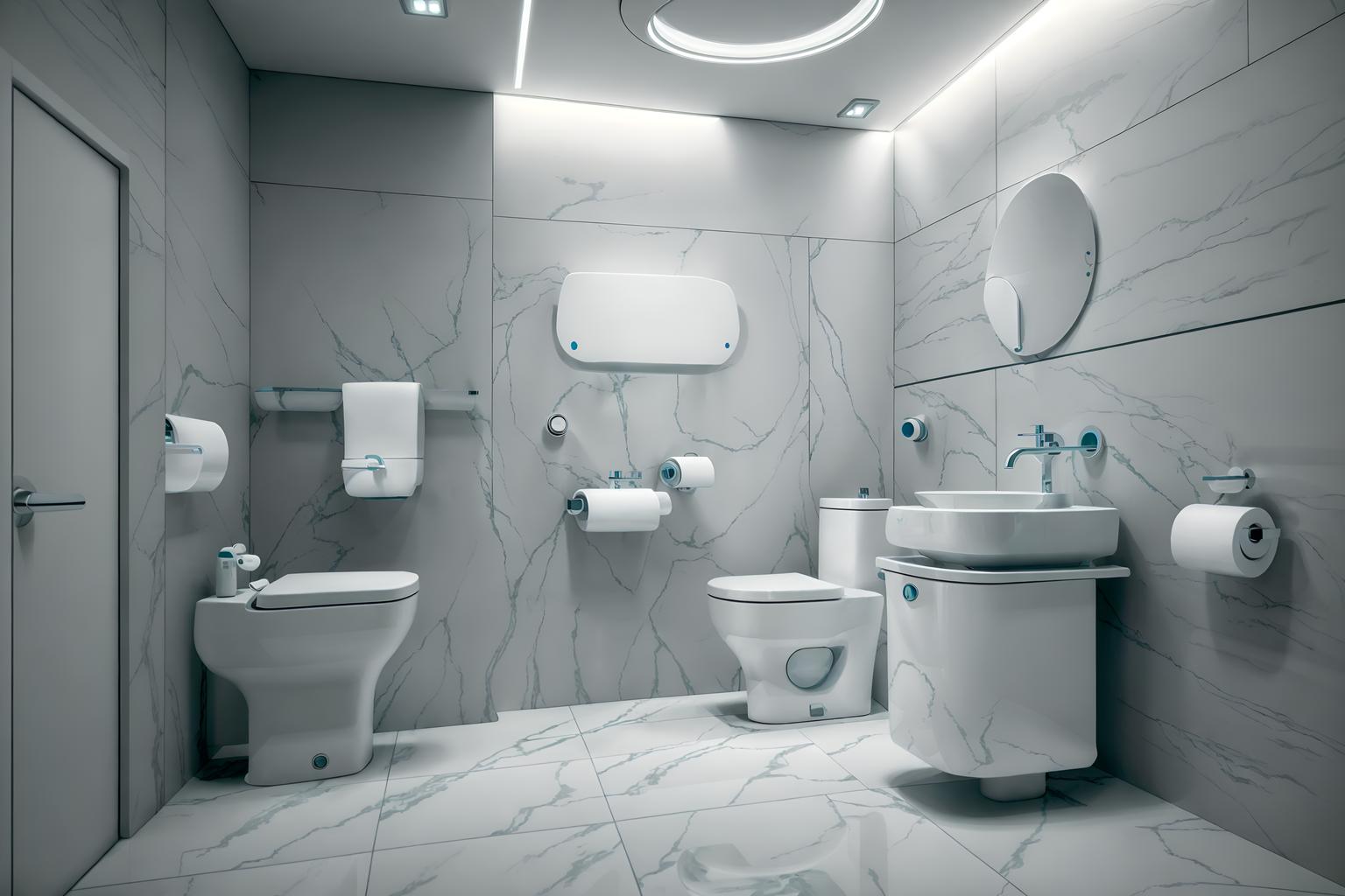futuristic-style (toilet interior) with toilet paper hanger and sink with tap and toilet with toilet seat up and toilet paper hanger. . with smooth marble and circular shapes and spaceship interior and floating surfaces and light colors and futuristic interior and neutral background and bright accents and minimalist clean lines. . cinematic photo, highly detailed, cinematic lighting, ultra-detailed, ultrarealistic, photorealism, 8k. futuristic interior design style. masterpiece, cinematic light, ultrarealistic+, photorealistic+, 8k, raw photo, realistic, sharp focus on eyes, (symmetrical eyes), (intact eyes), hyperrealistic, highest quality, best quality, , highly detailed, masterpiece, best quality, extremely detailed 8k wallpaper, masterpiece, best quality, ultra-detailed, best shadow, detailed background, detailed face, detailed eyes, high contrast, best illumination, detailed face, dulux, caustic, dynamic angle, detailed glow. dramatic lighting. highly detailed, insanely detailed hair, symmetrical, intricate details, professionally retouched, 8k high definition. strong bokeh. award winning photo.
