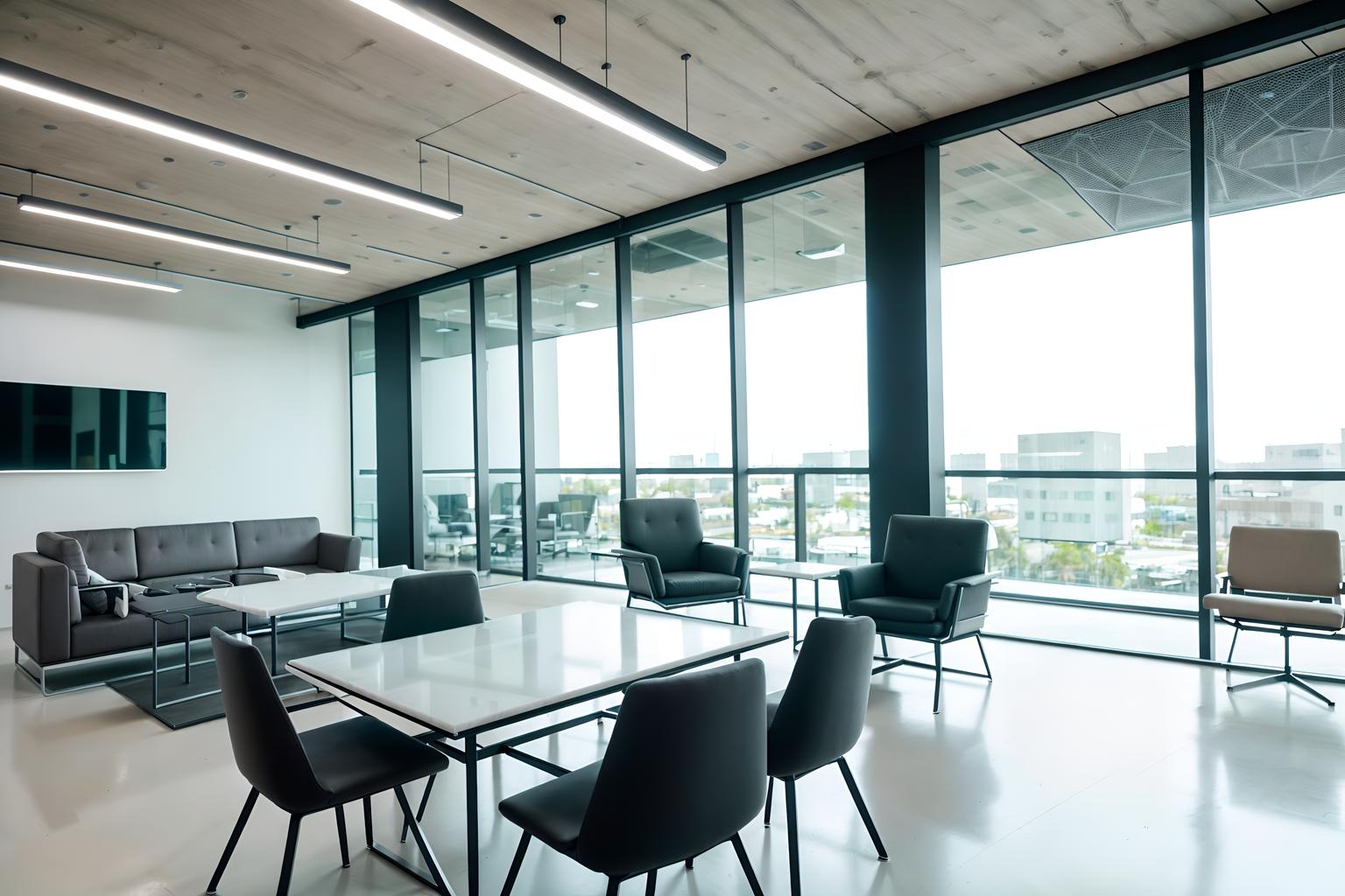 futuristic-style (coworking space interior) with seating area with sofa and office chairs and lounge chairs and office desks and seating area with sofa. . with neutral background and bright accents and minimalist clean lines and steel finishing and strong geometric walls and floating surfaces and smooth marble and glass panes and monochromatic palette. . cinematic photo, highly detailed, cinematic lighting, ultra-detailed, ultrarealistic, photorealism, 8k. futuristic interior design style. masterpiece, cinematic light, ultrarealistic+, photorealistic+, 8k, raw photo, realistic, sharp focus on eyes, (symmetrical eyes), (intact eyes), hyperrealistic, highest quality, best quality, , highly detailed, masterpiece, best quality, extremely detailed 8k wallpaper, masterpiece, best quality, ultra-detailed, best shadow, detailed background, detailed face, detailed eyes, high contrast, best illumination, detailed face, dulux, caustic, dynamic angle, detailed glow. dramatic lighting. highly detailed, insanely detailed hair, symmetrical, intricate details, professionally retouched, 8k high definition. strong bokeh. award winning photo.