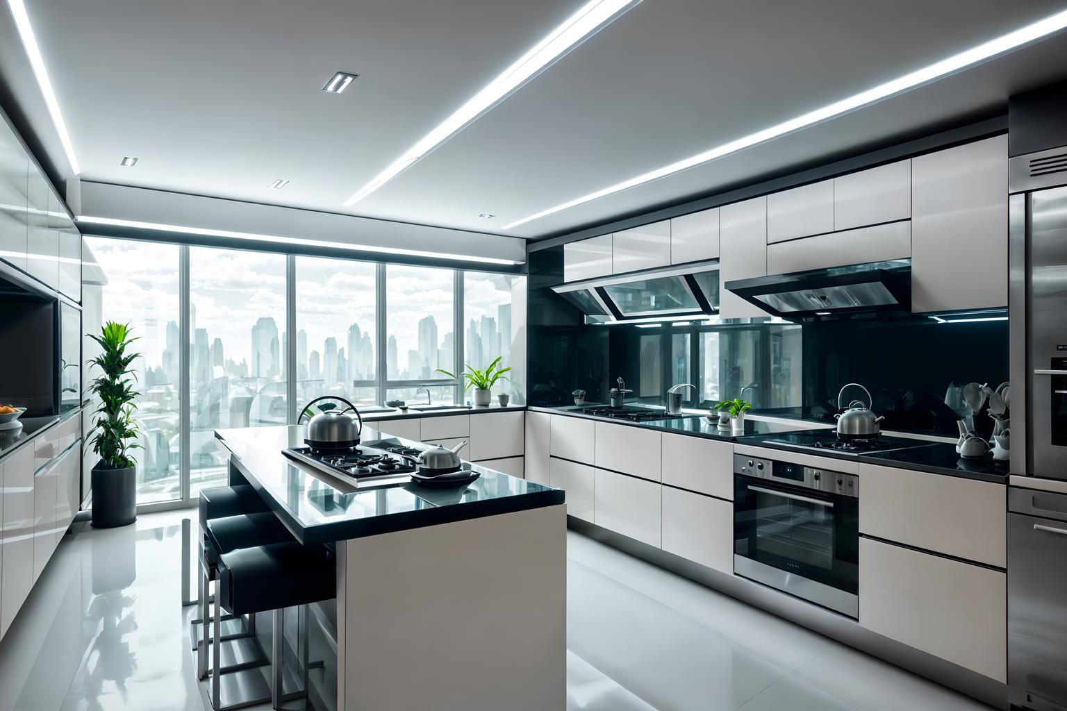 futuristic-style (kitchen interior) with worktops and stove and sink and plant and kitchen cabinets and refrigerator and worktops. . with futuristic interior and glass panes and futurism and steel finishing and strong geometric walls and minimalist clean lines and futurism minimalist interior and spaceship interior. . cinematic photo, highly detailed, cinematic lighting, ultra-detailed, ultrarealistic, photorealism, 8k. futuristic interior design style. masterpiece, cinematic light, ultrarealistic+, photorealistic+, 8k, raw photo, realistic, sharp focus on eyes, (symmetrical eyes), (intact eyes), hyperrealistic, highest quality, best quality, , highly detailed, masterpiece, best quality, extremely detailed 8k wallpaper, masterpiece, best quality, ultra-detailed, best shadow, detailed background, detailed face, detailed eyes, high contrast, best illumination, detailed face, dulux, caustic, dynamic angle, detailed glow. dramatic lighting. highly detailed, insanely detailed hair, symmetrical, intricate details, professionally retouched, 8k high definition. strong bokeh. award winning photo.