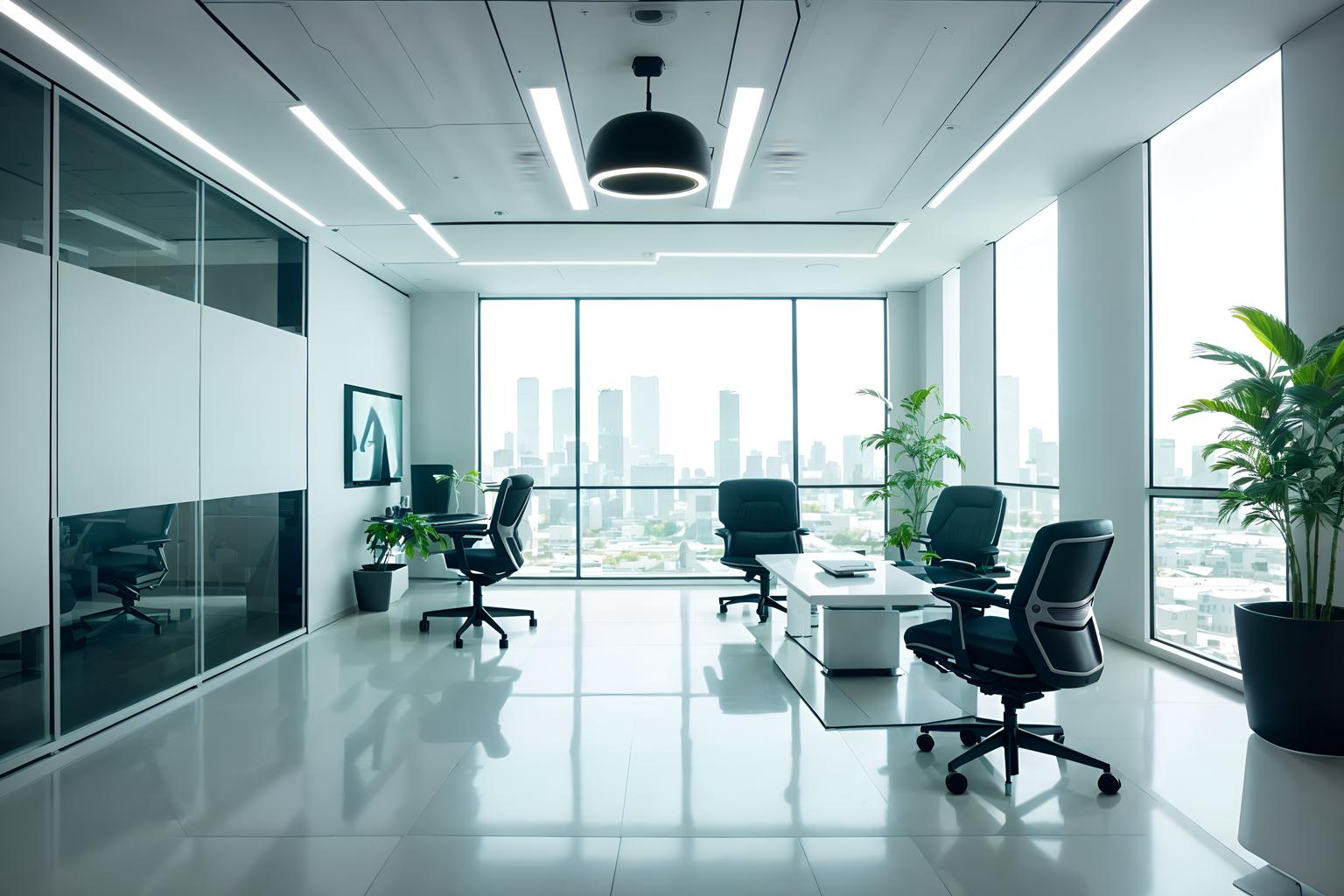 futuristic-style (office interior) with plants and computer desks and office chairs and cabinets and seating area with sofa and desk lamps and lounge chairs and windows. . with light colors and circular shapes and minimalist clean lines and glass panes and monochromatic palette and smooth polished marble and strong geometric walls and spaceship interior. . cinematic photo, highly detailed, cinematic lighting, ultra-detailed, ultrarealistic, photorealism, 8k. futuristic interior design style. masterpiece, cinematic light, ultrarealistic+, photorealistic+, 8k, raw photo, realistic, sharp focus on eyes, (symmetrical eyes), (intact eyes), hyperrealistic, highest quality, best quality, , highly detailed, masterpiece, best quality, extremely detailed 8k wallpaper, masterpiece, best quality, ultra-detailed, best shadow, detailed background, detailed face, detailed eyes, high contrast, best illumination, detailed face, dulux, caustic, dynamic angle, detailed glow. dramatic lighting. highly detailed, insanely detailed hair, symmetrical, intricate details, professionally retouched, 8k high definition. strong bokeh. award winning photo.