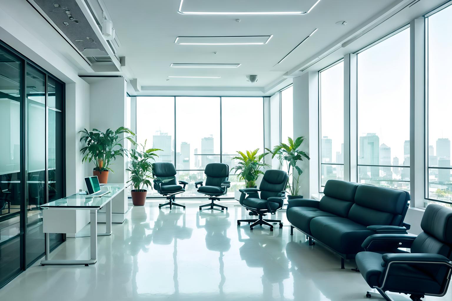 futuristic-style (office interior) with plants and computer desks and office chairs and cabinets and seating area with sofa and desk lamps and lounge chairs and windows. . with light colors and circular shapes and minimalist clean lines and glass panes and monochromatic palette and smooth polished marble and strong geometric walls and spaceship interior. . cinematic photo, highly detailed, cinematic lighting, ultra-detailed, ultrarealistic, photorealism, 8k. futuristic interior design style. masterpiece, cinematic light, ultrarealistic+, photorealistic+, 8k, raw photo, realistic, sharp focus on eyes, (symmetrical eyes), (intact eyes), hyperrealistic, highest quality, best quality, , highly detailed, masterpiece, best quality, extremely detailed 8k wallpaper, masterpiece, best quality, ultra-detailed, best shadow, detailed background, detailed face, detailed eyes, high contrast, best illumination, detailed face, dulux, caustic, dynamic angle, detailed glow. dramatic lighting. highly detailed, insanely detailed hair, symmetrical, intricate details, professionally retouched, 8k high definition. strong bokeh. award winning photo.