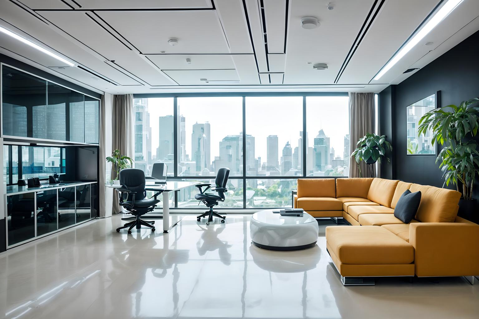 futuristic-style (office interior) with plants and computer desks and office chairs and cabinets and seating area with sofa and desk lamps and lounge chairs and windows. . with light colors and circular shapes and minimalist clean lines and glass panes and monochromatic palette and smooth polished marble and strong geometric walls and spaceship interior. . cinematic photo, highly detailed, cinematic lighting, ultra-detailed, ultrarealistic, photorealism, 8k. futuristic interior design style. masterpiece, cinematic light, ultrarealistic+, photorealistic+, 8k, raw photo, realistic, sharp focus on eyes, (symmetrical eyes), (intact eyes), hyperrealistic, highest quality, best quality, , highly detailed, masterpiece, best quality, extremely detailed 8k wallpaper, masterpiece, best quality, ultra-detailed, best shadow, detailed background, detailed face, detailed eyes, high contrast, best illumination, detailed face, dulux, caustic, dynamic angle, detailed glow. dramatic lighting. highly detailed, insanely detailed hair, symmetrical, intricate details, professionally retouched, 8k high definition. strong bokeh. award winning photo.