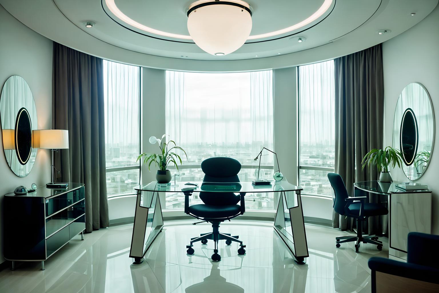 futuristic-style (hotel room interior) with working desk with desk chair and plant and bedside table or night stand and hotel bathroom and dresser closet and mirror and bed and accent chair. . with circular shapes and glass panes and neutral background and bright accents and monochromatic palette and futurism minimalist interior and smooth polished marble and futuristic interior and spaceship interior. . cinematic photo, highly detailed, cinematic lighting, ultra-detailed, ultrarealistic, photorealism, 8k. futuristic interior design style. masterpiece, cinematic light, ultrarealistic+, photorealistic+, 8k, raw photo, realistic, sharp focus on eyes, (symmetrical eyes), (intact eyes), hyperrealistic, highest quality, best quality, , highly detailed, masterpiece, best quality, extremely detailed 8k wallpaper, masterpiece, best quality, ultra-detailed, best shadow, detailed background, detailed face, detailed eyes, high contrast, best illumination, detailed face, dulux, caustic, dynamic angle, detailed glow. dramatic lighting. highly detailed, insanely detailed hair, symmetrical, intricate details, professionally retouched, 8k high definition. strong bokeh. award winning photo.