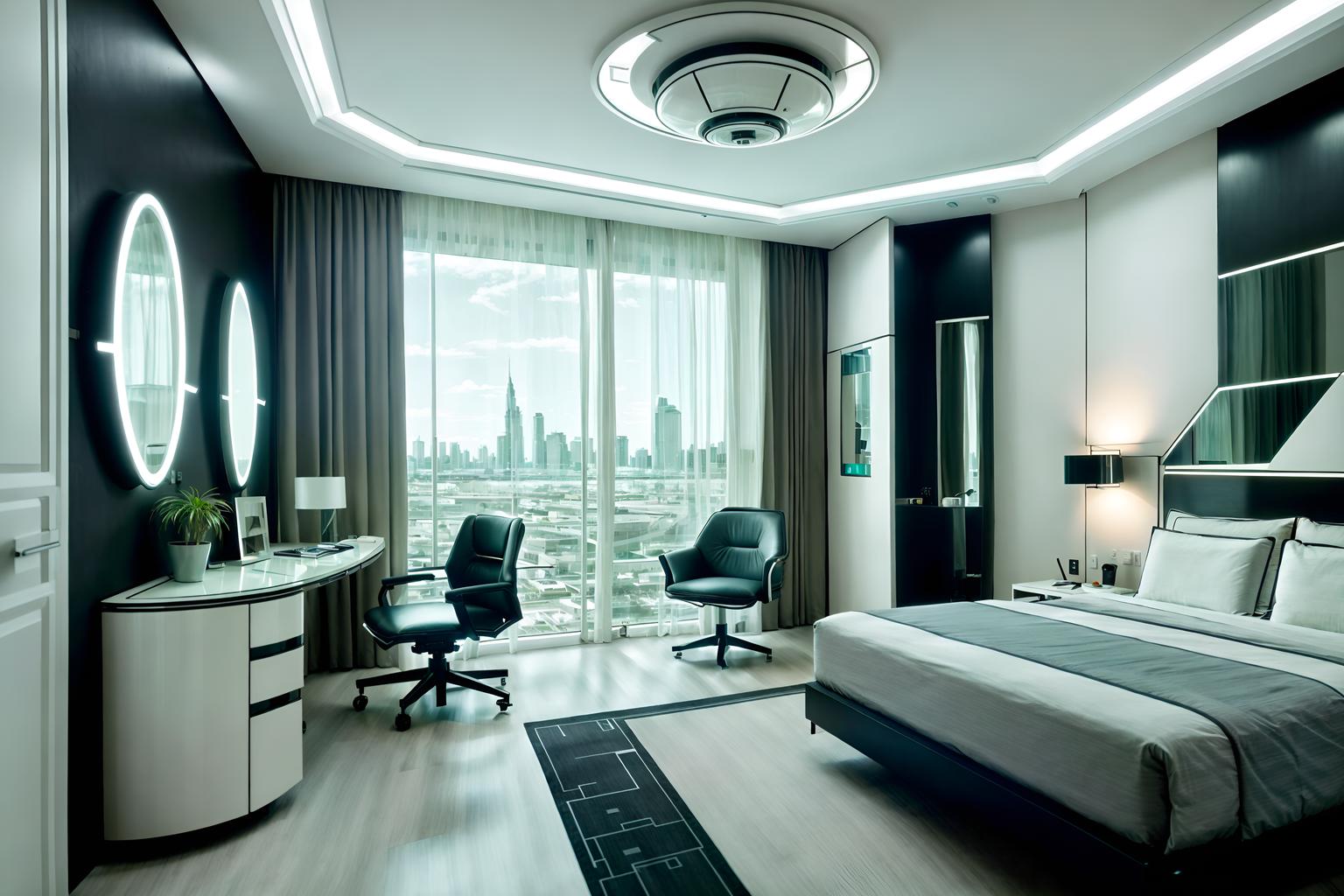 futuristic-style (hotel room interior) with working desk with desk chair and plant and bedside table or night stand and hotel bathroom and dresser closet and mirror and bed and accent chair. . with circular shapes and glass panes and neutral background and bright accents and monochromatic palette and futurism minimalist interior and smooth polished marble and futuristic interior and spaceship interior. . cinematic photo, highly detailed, cinematic lighting, ultra-detailed, ultrarealistic, photorealism, 8k. futuristic interior design style. masterpiece, cinematic light, ultrarealistic+, photorealistic+, 8k, raw photo, realistic, sharp focus on eyes, (symmetrical eyes), (intact eyes), hyperrealistic, highest quality, best quality, , highly detailed, masterpiece, best quality, extremely detailed 8k wallpaper, masterpiece, best quality, ultra-detailed, best shadow, detailed background, detailed face, detailed eyes, high contrast, best illumination, detailed face, dulux, caustic, dynamic angle, detailed glow. dramatic lighting. highly detailed, insanely detailed hair, symmetrical, intricate details, professionally retouched, 8k high definition. strong bokeh. award winning photo.