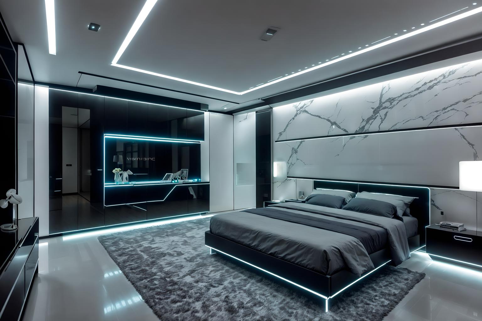 futuristic-style (bedroom interior) with bedside table or night stand and bed and mirror and plant and dresser closet and night light and accent chair and headboard. . with smooth marble and steel finishing and spaceship interior and futuristic interior and futurism and minimalist clean lines and futurism minimalist interior and strong geometric walls. . cinematic photo, highly detailed, cinematic lighting, ultra-detailed, ultrarealistic, photorealism, 8k. futuristic interior design style. masterpiece, cinematic light, ultrarealistic+, photorealistic+, 8k, raw photo, realistic, sharp focus on eyes, (symmetrical eyes), (intact eyes), hyperrealistic, highest quality, best quality, , highly detailed, masterpiece, best quality, extremely detailed 8k wallpaper, masterpiece, best quality, ultra-detailed, best shadow, detailed background, detailed face, detailed eyes, high contrast, best illumination, detailed face, dulux, caustic, dynamic angle, detailed glow. dramatic lighting. highly detailed, insanely detailed hair, symmetrical, intricate details, professionally retouched, 8k high definition. strong bokeh. award winning photo.