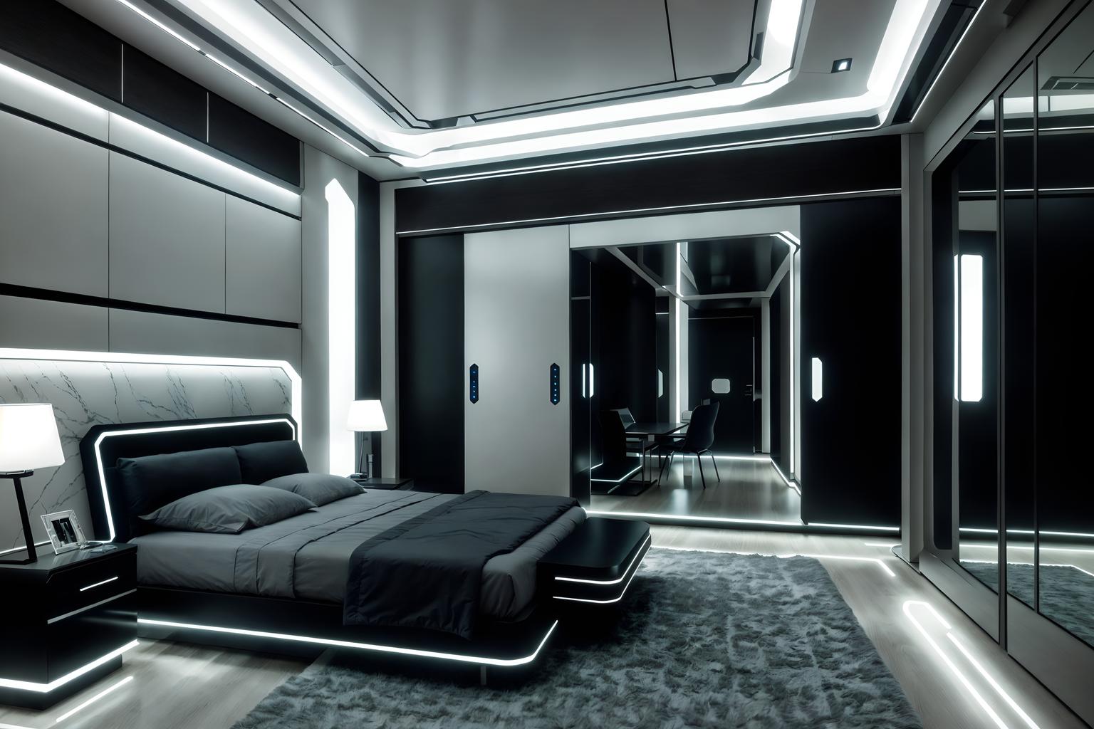 futuristic-style (bedroom interior) with bedside table or night stand and bed and mirror and plant and dresser closet and night light and accent chair and headboard. . with smooth marble and steel finishing and spaceship interior and futuristic interior and futurism and minimalist clean lines and futurism minimalist interior and strong geometric walls. . cinematic photo, highly detailed, cinematic lighting, ultra-detailed, ultrarealistic, photorealism, 8k. futuristic interior design style. masterpiece, cinematic light, ultrarealistic+, photorealistic+, 8k, raw photo, realistic, sharp focus on eyes, (symmetrical eyes), (intact eyes), hyperrealistic, highest quality, best quality, , highly detailed, masterpiece, best quality, extremely detailed 8k wallpaper, masterpiece, best quality, ultra-detailed, best shadow, detailed background, detailed face, detailed eyes, high contrast, best illumination, detailed face, dulux, caustic, dynamic angle, detailed glow. dramatic lighting. highly detailed, insanely detailed hair, symmetrical, intricate details, professionally retouched, 8k high definition. strong bokeh. award winning photo.