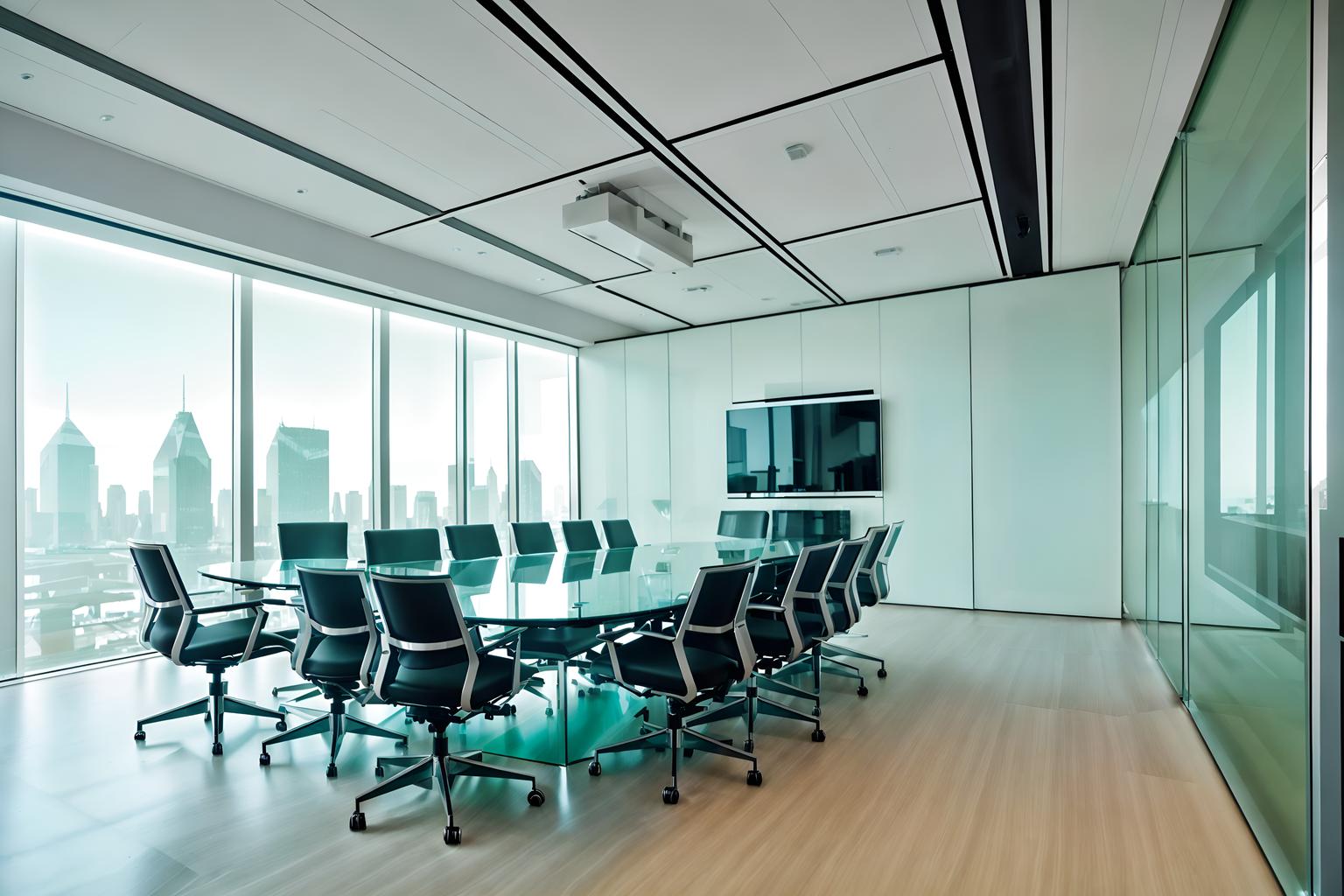 futuristic-style (meeting room interior) with plant and vase and glass doors and boardroom table and cabinets and painting or photo on wall and office chairs and glass walls. . with floating surfaces and glass panes and neutral background and bright accents and steel finishing and smooth polished marble and futurism and futurism minimalist interior and futuristic interior. . cinematic photo, highly detailed, cinematic lighting, ultra-detailed, ultrarealistic, photorealism, 8k. futuristic interior design style. masterpiece, cinematic light, ultrarealistic+, photorealistic+, 8k, raw photo, realistic, sharp focus on eyes, (symmetrical eyes), (intact eyes), hyperrealistic, highest quality, best quality, , highly detailed, masterpiece, best quality, extremely detailed 8k wallpaper, masterpiece, best quality, ultra-detailed, best shadow, detailed background, detailed face, detailed eyes, high contrast, best illumination, detailed face, dulux, caustic, dynamic angle, detailed glow. dramatic lighting. highly detailed, insanely detailed hair, symmetrical, intricate details, professionally retouched, 8k high definition. strong bokeh. award winning photo.