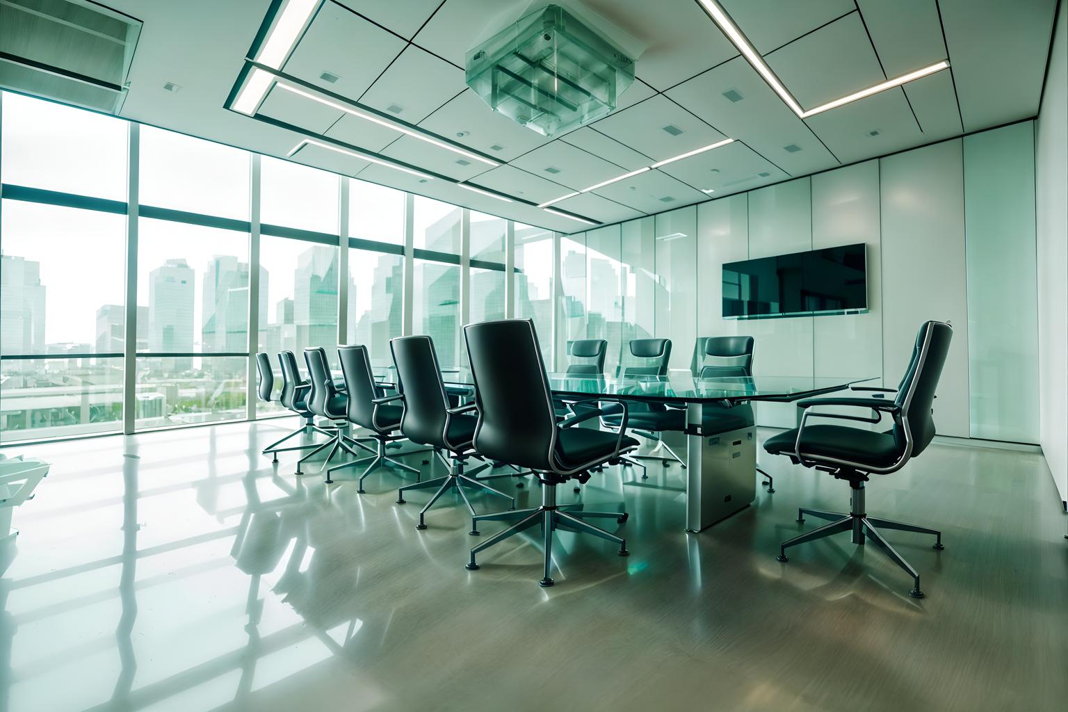 futuristic-style (meeting room interior) with plant and vase and glass doors and boardroom table and cabinets and painting or photo on wall and office chairs and glass walls. . with floating surfaces and glass panes and neutral background and bright accents and steel finishing and smooth polished marble and futurism and futurism minimalist interior and futuristic interior. . cinematic photo, highly detailed, cinematic lighting, ultra-detailed, ultrarealistic, photorealism, 8k. futuristic interior design style. masterpiece, cinematic light, ultrarealistic+, photorealistic+, 8k, raw photo, realistic, sharp focus on eyes, (symmetrical eyes), (intact eyes), hyperrealistic, highest quality, best quality, , highly detailed, masterpiece, best quality, extremely detailed 8k wallpaper, masterpiece, best quality, ultra-detailed, best shadow, detailed background, detailed face, detailed eyes, high contrast, best illumination, detailed face, dulux, caustic, dynamic angle, detailed glow. dramatic lighting. highly detailed, insanely detailed hair, symmetrical, intricate details, professionally retouched, 8k high definition. strong bokeh. award winning photo.