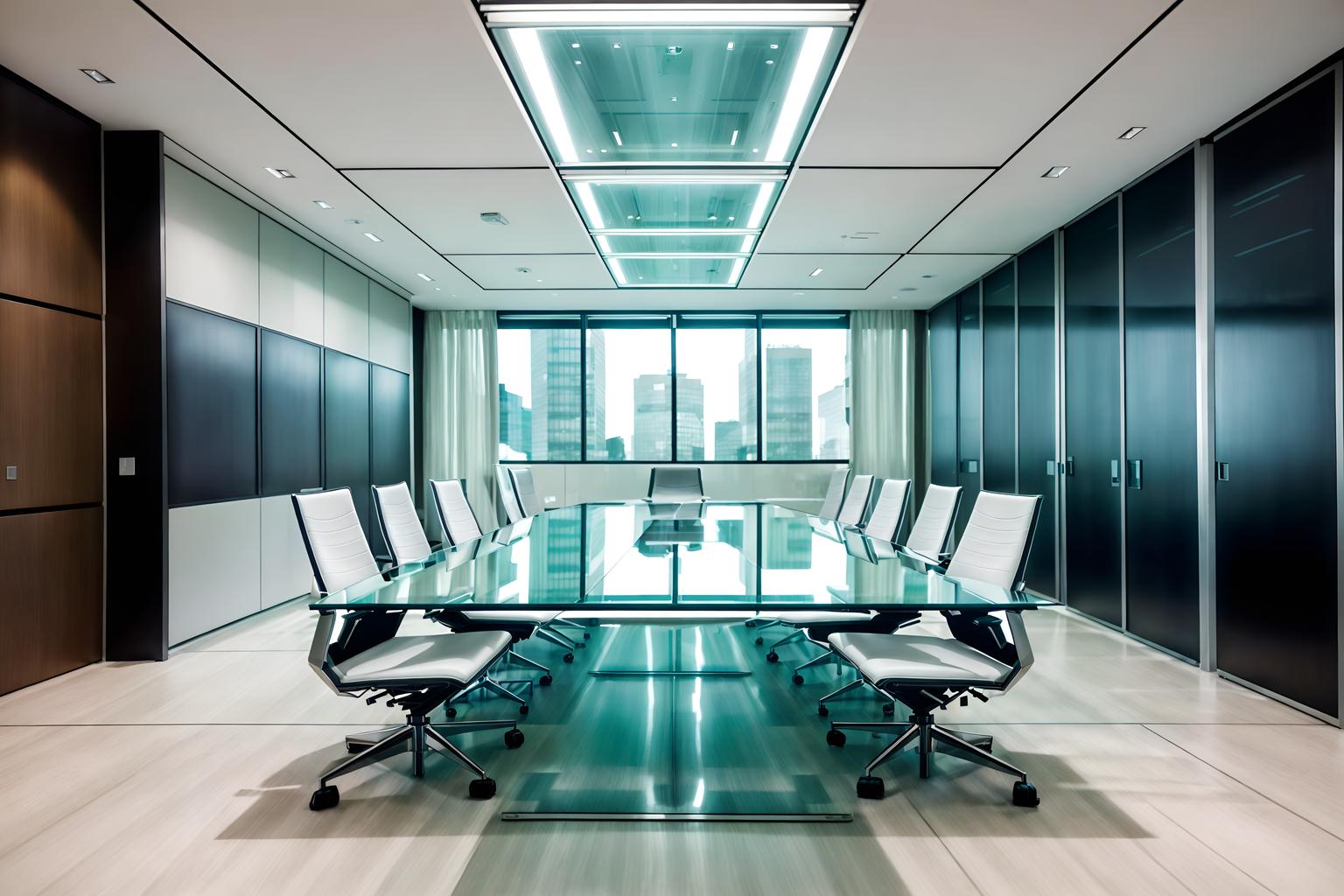 futuristic-style (meeting room interior) with plant and vase and glass doors and boardroom table and cabinets and painting or photo on wall and office chairs and glass walls. . with floating surfaces and glass panes and neutral background and bright accents and steel finishing and smooth polished marble and futurism and futurism minimalist interior and futuristic interior. . cinematic photo, highly detailed, cinematic lighting, ultra-detailed, ultrarealistic, photorealism, 8k. futuristic interior design style. masterpiece, cinematic light, ultrarealistic+, photorealistic+, 8k, raw photo, realistic, sharp focus on eyes, (symmetrical eyes), (intact eyes), hyperrealistic, highest quality, best quality, , highly detailed, masterpiece, best quality, extremely detailed 8k wallpaper, masterpiece, best quality, ultra-detailed, best shadow, detailed background, detailed face, detailed eyes, high contrast, best illumination, detailed face, dulux, caustic, dynamic angle, detailed glow. dramatic lighting. highly detailed, insanely detailed hair, symmetrical, intricate details, professionally retouched, 8k high definition. strong bokeh. award winning photo.