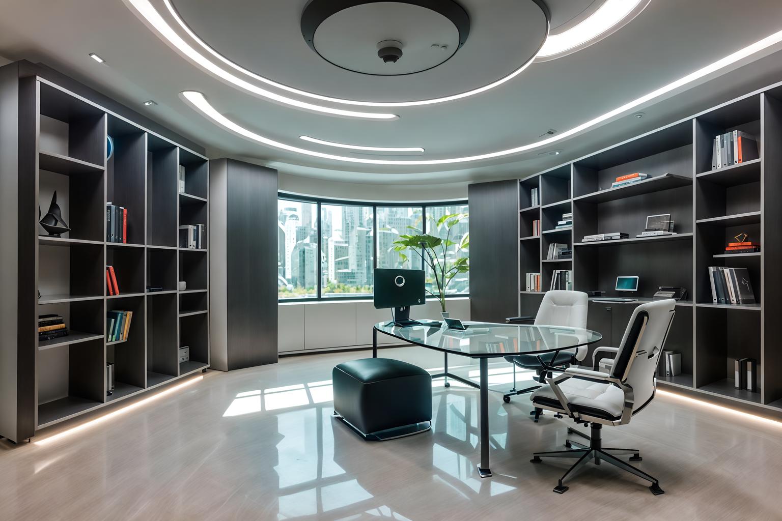 futuristic-style (study room interior) with bookshelves and writing desk and lounge chair and desk lamp and plant and cabinets and office chair and bookshelves. . with futurism and steel finishing and smooth marble and light colors and minimalist clean lines and spaceship interior and circular shapes and glass panes. . cinematic photo, highly detailed, cinematic lighting, ultra-detailed, ultrarealistic, photorealism, 8k. futuristic interior design style. masterpiece, cinematic light, ultrarealistic+, photorealistic+, 8k, raw photo, realistic, sharp focus on eyes, (symmetrical eyes), (intact eyes), hyperrealistic, highest quality, best quality, , highly detailed, masterpiece, best quality, extremely detailed 8k wallpaper, masterpiece, best quality, ultra-detailed, best shadow, detailed background, detailed face, detailed eyes, high contrast, best illumination, detailed face, dulux, caustic, dynamic angle, detailed glow. dramatic lighting. highly detailed, insanely detailed hair, symmetrical, intricate details, professionally retouched, 8k high definition. strong bokeh. award winning photo.