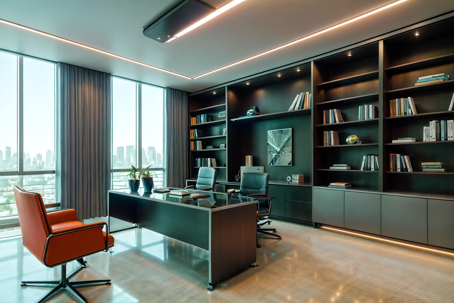 futuristic-style (study room interior) with bookshelves and writing desk and lounge chair and desk lamp and plant and cabinets and office chair and bookshelves. . with futurism and steel finishing and smooth marble and light colors and minimalist clean lines and spaceship interior and circular shapes and glass panes. . cinematic photo, highly detailed, cinematic lighting, ultra-detailed, ultrarealistic, photorealism, 8k. futuristic interior design style. masterpiece, cinematic light, ultrarealistic+, photorealistic+, 8k, raw photo, realistic, sharp focus on eyes, (symmetrical eyes), (intact eyes), hyperrealistic, highest quality, best quality, , highly detailed, masterpiece, best quality, extremely detailed 8k wallpaper, masterpiece, best quality, ultra-detailed, best shadow, detailed background, detailed face, detailed eyes, high contrast, best illumination, detailed face, dulux, caustic, dynamic angle, detailed glow. dramatic lighting. highly detailed, insanely detailed hair, symmetrical, intricate details, professionally retouched, 8k high definition. strong bokeh. award winning photo.