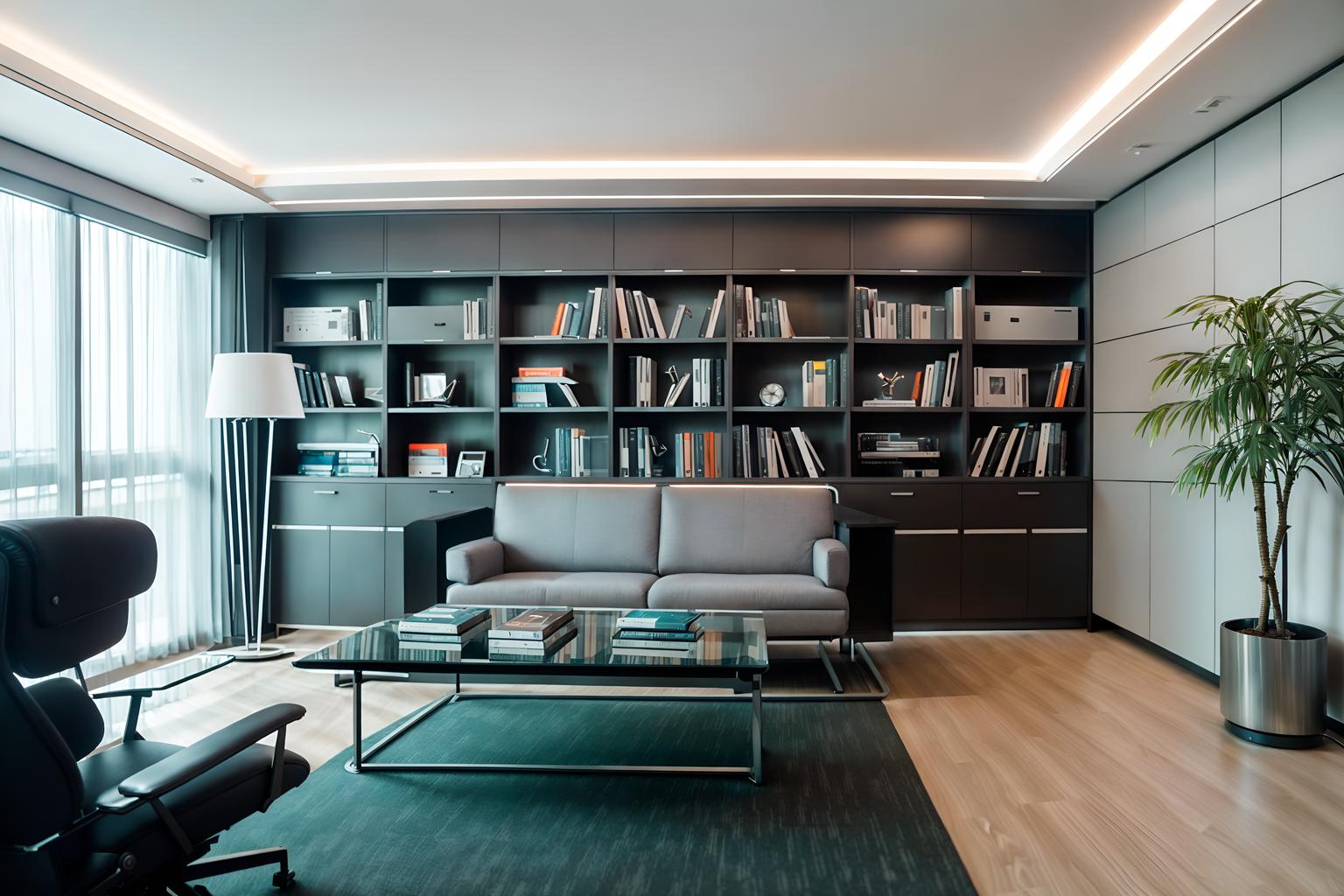 futuristic-style (study room interior) with bookshelves and writing desk and lounge chair and desk lamp and plant and cabinets and office chair and bookshelves. . with futurism and steel finishing and smooth marble and light colors and minimalist clean lines and spaceship interior and circular shapes and glass panes. . cinematic photo, highly detailed, cinematic lighting, ultra-detailed, ultrarealistic, photorealism, 8k. futuristic interior design style. masterpiece, cinematic light, ultrarealistic+, photorealistic+, 8k, raw photo, realistic, sharp focus on eyes, (symmetrical eyes), (intact eyes), hyperrealistic, highest quality, best quality, , highly detailed, masterpiece, best quality, extremely detailed 8k wallpaper, masterpiece, best quality, ultra-detailed, best shadow, detailed background, detailed face, detailed eyes, high contrast, best illumination, detailed face, dulux, caustic, dynamic angle, detailed glow. dramatic lighting. highly detailed, insanely detailed hair, symmetrical, intricate details, professionally retouched, 8k high definition. strong bokeh. award winning photo.