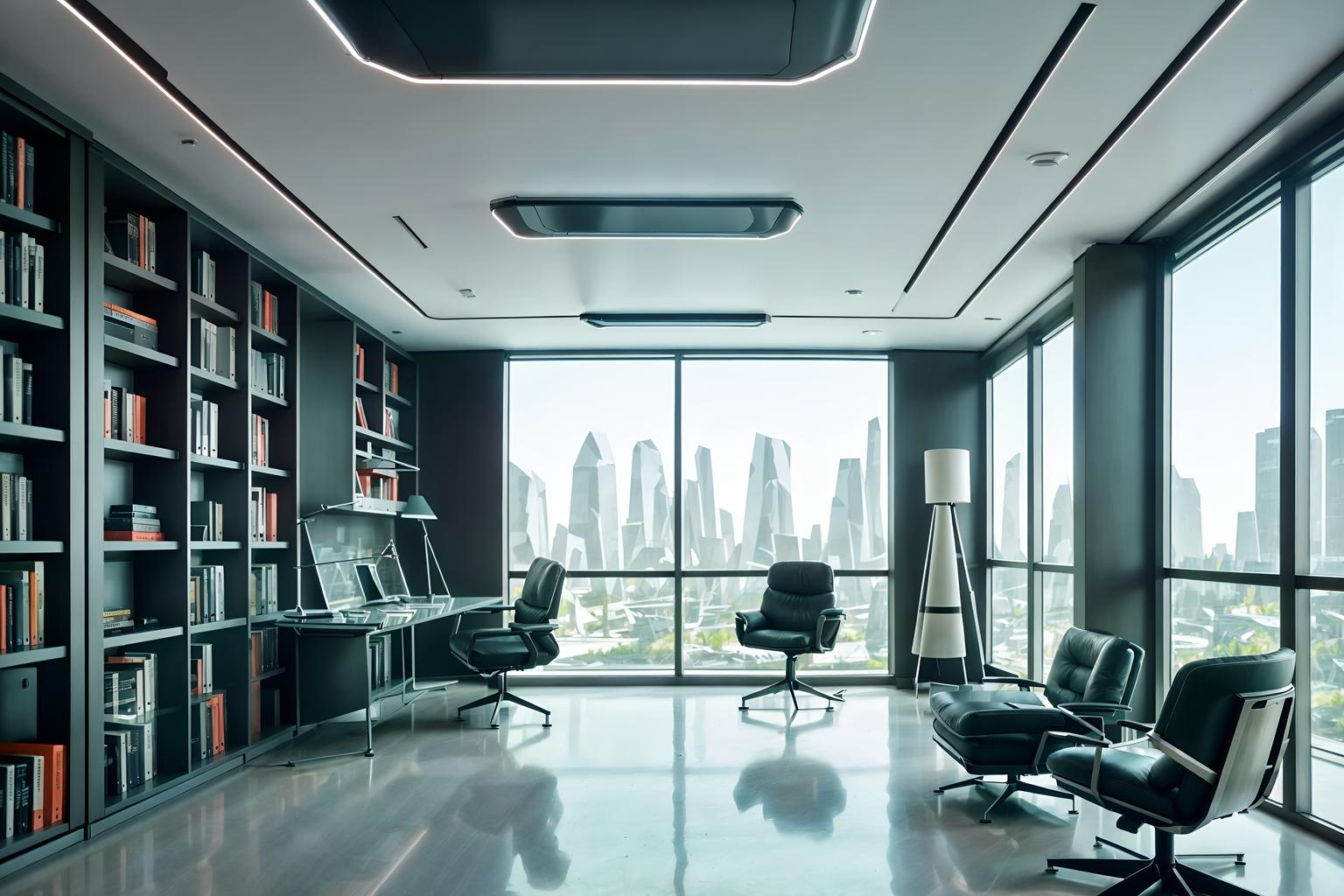 futuristic-style (study room interior) with bookshelves and writing desk and lounge chair and desk lamp and plant and cabinets and office chair and bookshelves. . with futurism and steel finishing and smooth marble and light colors and minimalist clean lines and spaceship interior and circular shapes and glass panes. . cinematic photo, highly detailed, cinematic lighting, ultra-detailed, ultrarealistic, photorealism, 8k. futuristic interior design style. masterpiece, cinematic light, ultrarealistic+, photorealistic+, 8k, raw photo, realistic, sharp focus on eyes, (symmetrical eyes), (intact eyes), hyperrealistic, highest quality, best quality, , highly detailed, masterpiece, best quality, extremely detailed 8k wallpaper, masterpiece, best quality, ultra-detailed, best shadow, detailed background, detailed face, detailed eyes, high contrast, best illumination, detailed face, dulux, caustic, dynamic angle, detailed glow. dramatic lighting. highly detailed, insanely detailed hair, symmetrical, intricate details, professionally retouched, 8k high definition. strong bokeh. award winning photo.