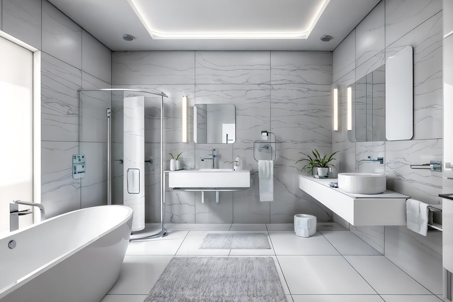 futuristic-style (bathroom interior) with bath towel and shower and waste basket and bath rail and bathtub and plant and bathroom cabinet and bathroom sink with faucet. . with neutral background and bright accents and monochromatic palette and futurism minimalist interior and light colors and circular shapes and smooth polished marble and steel finishing and floating surfaces. . cinematic photo, highly detailed, cinematic lighting, ultra-detailed, ultrarealistic, photorealism, 8k. futuristic interior design style. masterpiece, cinematic light, ultrarealistic+, photorealistic+, 8k, raw photo, realistic, sharp focus on eyes, (symmetrical eyes), (intact eyes), hyperrealistic, highest quality, best quality, , highly detailed, masterpiece, best quality, extremely detailed 8k wallpaper, masterpiece, best quality, ultra-detailed, best shadow, detailed background, detailed face, detailed eyes, high contrast, best illumination, detailed face, dulux, caustic, dynamic angle, detailed glow. dramatic lighting. highly detailed, insanely detailed hair, symmetrical, intricate details, professionally retouched, 8k high definition. strong bokeh. award winning photo.