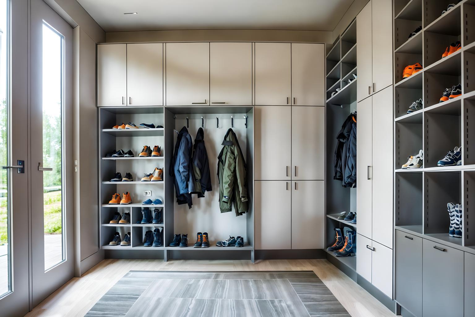 futuristic-style (mudroom interior) with wall hooks for coats and high up storage and a bench and shelves for shoes and storage baskets and storage drawers and cubbies and cabinets. . with spaceship interior and steel finishing and glass panes and futurism and futurism minimalist interior and floating surfaces and circular shapes and smooth marble. . cinematic photo, highly detailed, cinematic lighting, ultra-detailed, ultrarealistic, photorealism, 8k. futuristic interior design style. masterpiece, cinematic light, ultrarealistic+, photorealistic+, 8k, raw photo, realistic, sharp focus on eyes, (symmetrical eyes), (intact eyes), hyperrealistic, highest quality, best quality, , highly detailed, masterpiece, best quality, extremely detailed 8k wallpaper, masterpiece, best quality, ultra-detailed, best shadow, detailed background, detailed face, detailed eyes, high contrast, best illumination, detailed face, dulux, caustic, dynamic angle, detailed glow. dramatic lighting. highly detailed, insanely detailed hair, symmetrical, intricate details, professionally retouched, 8k high definition. strong bokeh. award winning photo.