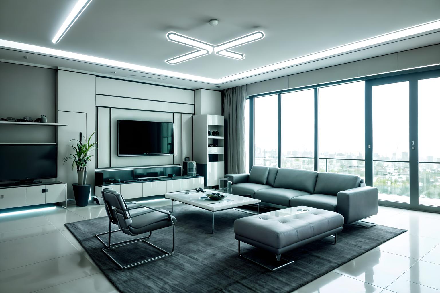 futuristic-style (living room interior) with sofa and furniture and occasional tables and televisions and rug and chairs and plant and electric lamps. . with minimalist clean lines and strong geometric walls and futurism and futuristic interior and futurism minimalist interior and steel finishing and neutral background and bright accents and smooth marble. . cinematic photo, highly detailed, cinematic lighting, ultra-detailed, ultrarealistic, photorealism, 8k. futuristic interior design style. masterpiece, cinematic light, ultrarealistic+, photorealistic+, 8k, raw photo, realistic, sharp focus on eyes, (symmetrical eyes), (intact eyes), hyperrealistic, highest quality, best quality, , highly detailed, masterpiece, best quality, extremely detailed 8k wallpaper, masterpiece, best quality, ultra-detailed, best shadow, detailed background, detailed face, detailed eyes, high contrast, best illumination, detailed face, dulux, caustic, dynamic angle, detailed glow. dramatic lighting. highly detailed, insanely detailed hair, symmetrical, intricate details, professionally retouched, 8k high definition. strong bokeh. award winning photo.