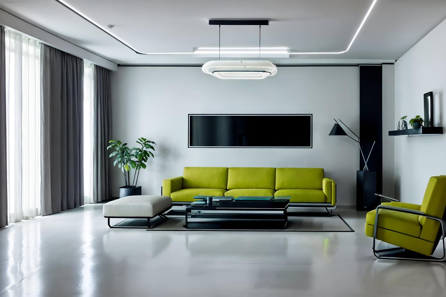 futuristic-style (living room interior) with sofa and furniture and occasional tables and televisions and rug and chairs and plant and electric lamps. . with minimalist clean lines and strong geometric walls and futurism and futuristic interior and futurism minimalist interior and steel finishing and neutral background and bright accents and smooth marble. . cinematic photo, highly detailed, cinematic lighting, ultra-detailed, ultrarealistic, photorealism, 8k. futuristic interior design style. masterpiece, cinematic light, ultrarealistic+, photorealistic+, 8k, raw photo, realistic, sharp focus on eyes, (symmetrical eyes), (intact eyes), hyperrealistic, highest quality, best quality, , highly detailed, masterpiece, best quality, extremely detailed 8k wallpaper, masterpiece, best quality, ultra-detailed, best shadow, detailed background, detailed face, detailed eyes, high contrast, best illumination, detailed face, dulux, caustic, dynamic angle, detailed glow. dramatic lighting. highly detailed, insanely detailed hair, symmetrical, intricate details, professionally retouched, 8k high definition. strong bokeh. award winning photo.