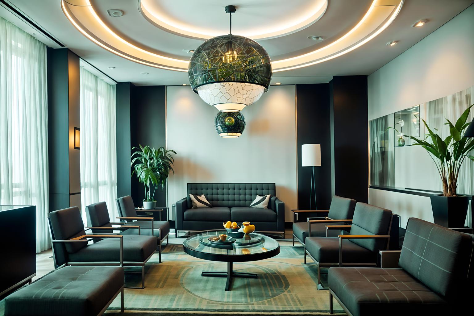 futuristic-style (hotel lobby interior) with check in desk and hanging lamps and furniture and lounge chairs and rug and coffee tables and sofas and plant. . with futuristic interior and monochromatic palette and neutral background and bright accents and futurism and glass panes and circular shapes and strong geometric walls and floating surfaces. . cinematic photo, highly detailed, cinematic lighting, ultra-detailed, ultrarealistic, photorealism, 8k. futuristic interior design style. masterpiece, cinematic light, ultrarealistic+, photorealistic+, 8k, raw photo, realistic, sharp focus on eyes, (symmetrical eyes), (intact eyes), hyperrealistic, highest quality, best quality, , highly detailed, masterpiece, best quality, extremely detailed 8k wallpaper, masterpiece, best quality, ultra-detailed, best shadow, detailed background, detailed face, detailed eyes, high contrast, best illumination, detailed face, dulux, caustic, dynamic angle, detailed glow. dramatic lighting. highly detailed, insanely detailed hair, symmetrical, intricate details, professionally retouched, 8k high definition. strong bokeh. award winning photo.