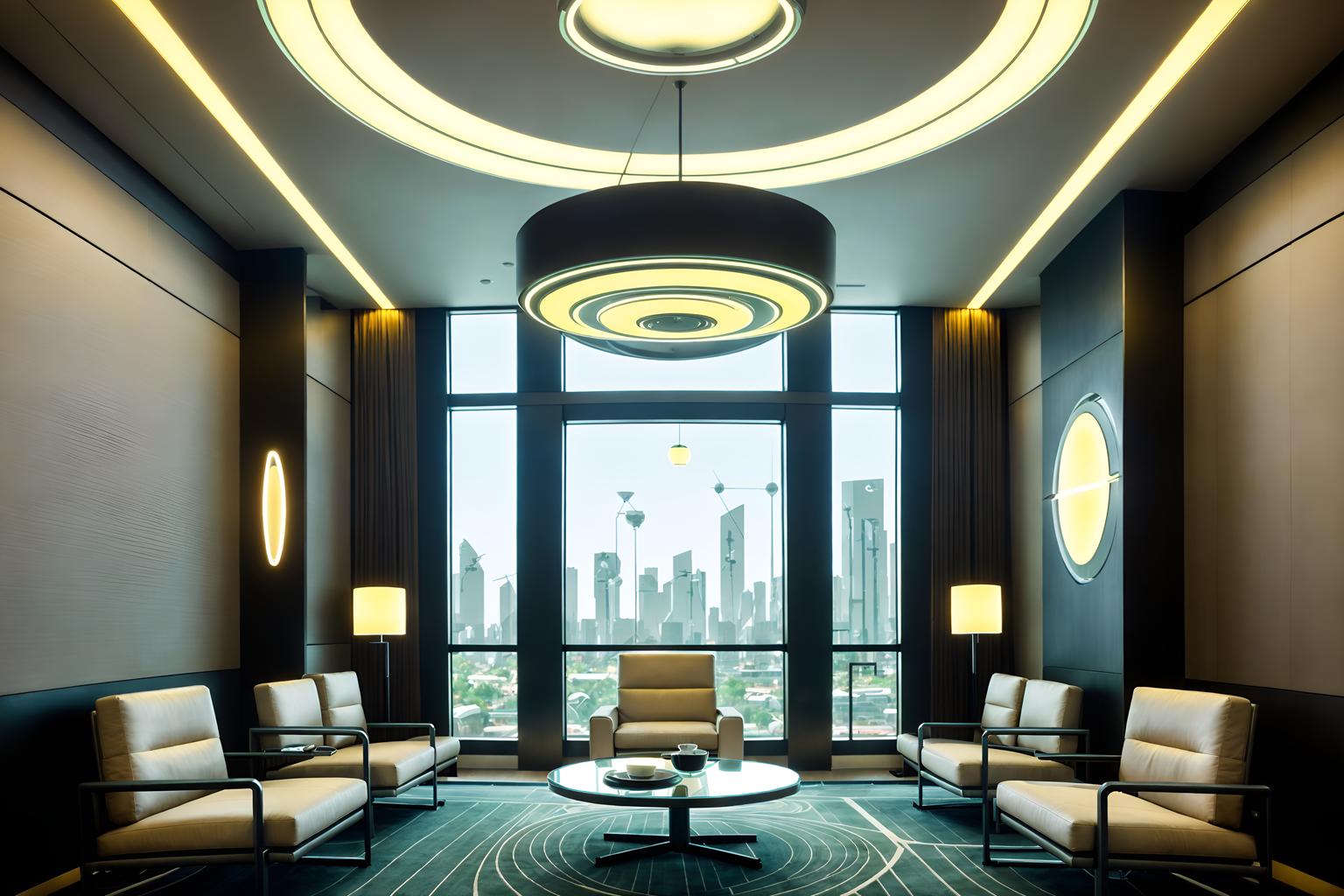 futuristic-style (hotel lobby interior) with check in desk and hanging lamps and furniture and lounge chairs and rug and coffee tables and sofas and plant. . with futuristic interior and monochromatic palette and neutral background and bright accents and futurism and glass panes and circular shapes and strong geometric walls and floating surfaces. . cinematic photo, highly detailed, cinematic lighting, ultra-detailed, ultrarealistic, photorealism, 8k. futuristic interior design style. masterpiece, cinematic light, ultrarealistic+, photorealistic+, 8k, raw photo, realistic, sharp focus on eyes, (symmetrical eyes), (intact eyes), hyperrealistic, highest quality, best quality, , highly detailed, masterpiece, best quality, extremely detailed 8k wallpaper, masterpiece, best quality, ultra-detailed, best shadow, detailed background, detailed face, detailed eyes, high contrast, best illumination, detailed face, dulux, caustic, dynamic angle, detailed glow. dramatic lighting. highly detailed, insanely detailed hair, symmetrical, intricate details, professionally retouched, 8k high definition. strong bokeh. award winning photo.