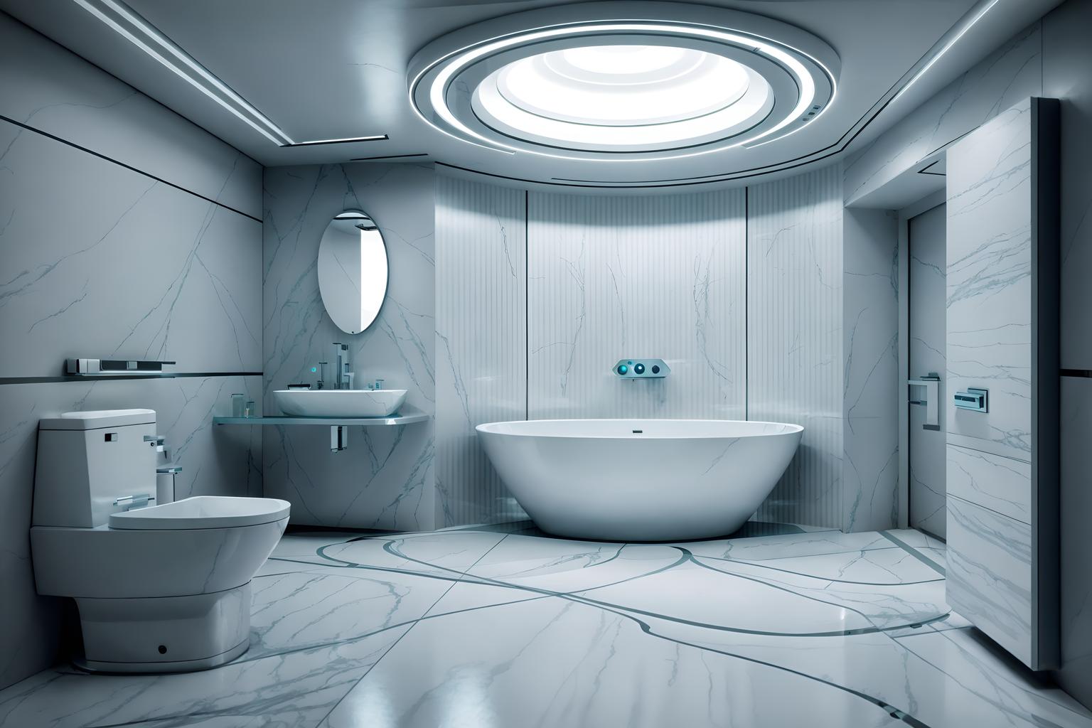 futuristic-style (hotel bathroom interior) with bathtub and bath towel and bathroom cabinet and toilet seat and bathroom sink with faucet and mirror and plant and bath rail. . with futuristic interior and spaceship interior and light colors and steel finishing and circular shapes and monochromatic palette and futurism minimalist interior and smooth polished marble. . cinematic photo, highly detailed, cinematic lighting, ultra-detailed, ultrarealistic, photorealism, 8k. futuristic interior design style. masterpiece, cinematic light, ultrarealistic+, photorealistic+, 8k, raw photo, realistic, sharp focus on eyes, (symmetrical eyes), (intact eyes), hyperrealistic, highest quality, best quality, , highly detailed, masterpiece, best quality, extremely detailed 8k wallpaper, masterpiece, best quality, ultra-detailed, best shadow, detailed background, detailed face, detailed eyes, high contrast, best illumination, detailed face, dulux, caustic, dynamic angle, detailed glow. dramatic lighting. highly detailed, insanely detailed hair, symmetrical, intricate details, professionally retouched, 8k high definition. strong bokeh. award winning photo.