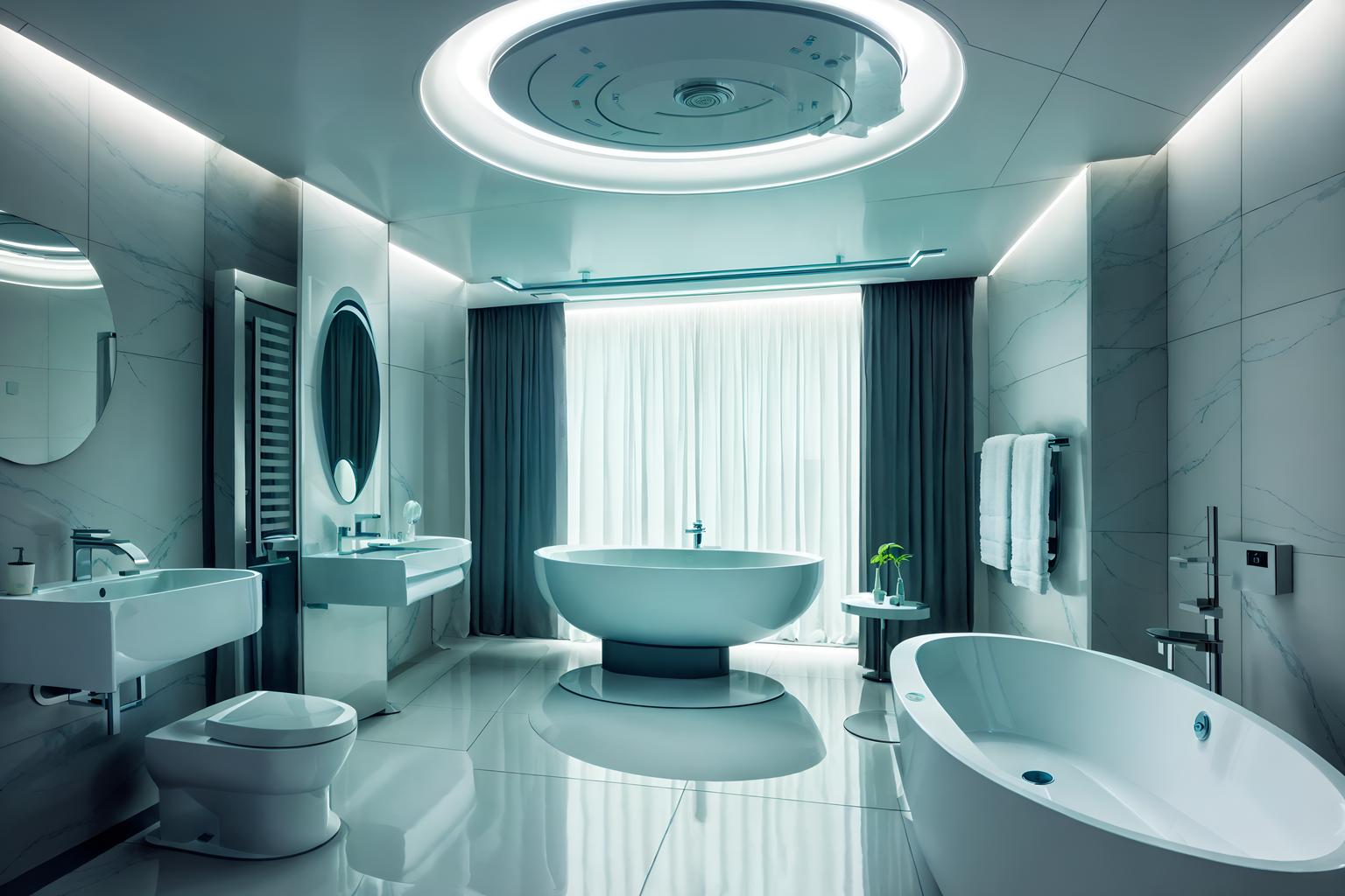 futuristic-style (hotel bathroom interior) with bathtub and bath towel and bathroom cabinet and toilet seat and bathroom sink with faucet and mirror and plant and bath rail. . with futuristic interior and spaceship interior and light colors and steel finishing and circular shapes and monochromatic palette and futurism minimalist interior and smooth polished marble. . cinematic photo, highly detailed, cinematic lighting, ultra-detailed, ultrarealistic, photorealism, 8k. futuristic interior design style. masterpiece, cinematic light, ultrarealistic+, photorealistic+, 8k, raw photo, realistic, sharp focus on eyes, (symmetrical eyes), (intact eyes), hyperrealistic, highest quality, best quality, , highly detailed, masterpiece, best quality, extremely detailed 8k wallpaper, masterpiece, best quality, ultra-detailed, best shadow, detailed background, detailed face, detailed eyes, high contrast, best illumination, detailed face, dulux, caustic, dynamic angle, detailed glow. dramatic lighting. highly detailed, insanely detailed hair, symmetrical, intricate details, professionally retouched, 8k high definition. strong bokeh. award winning photo.