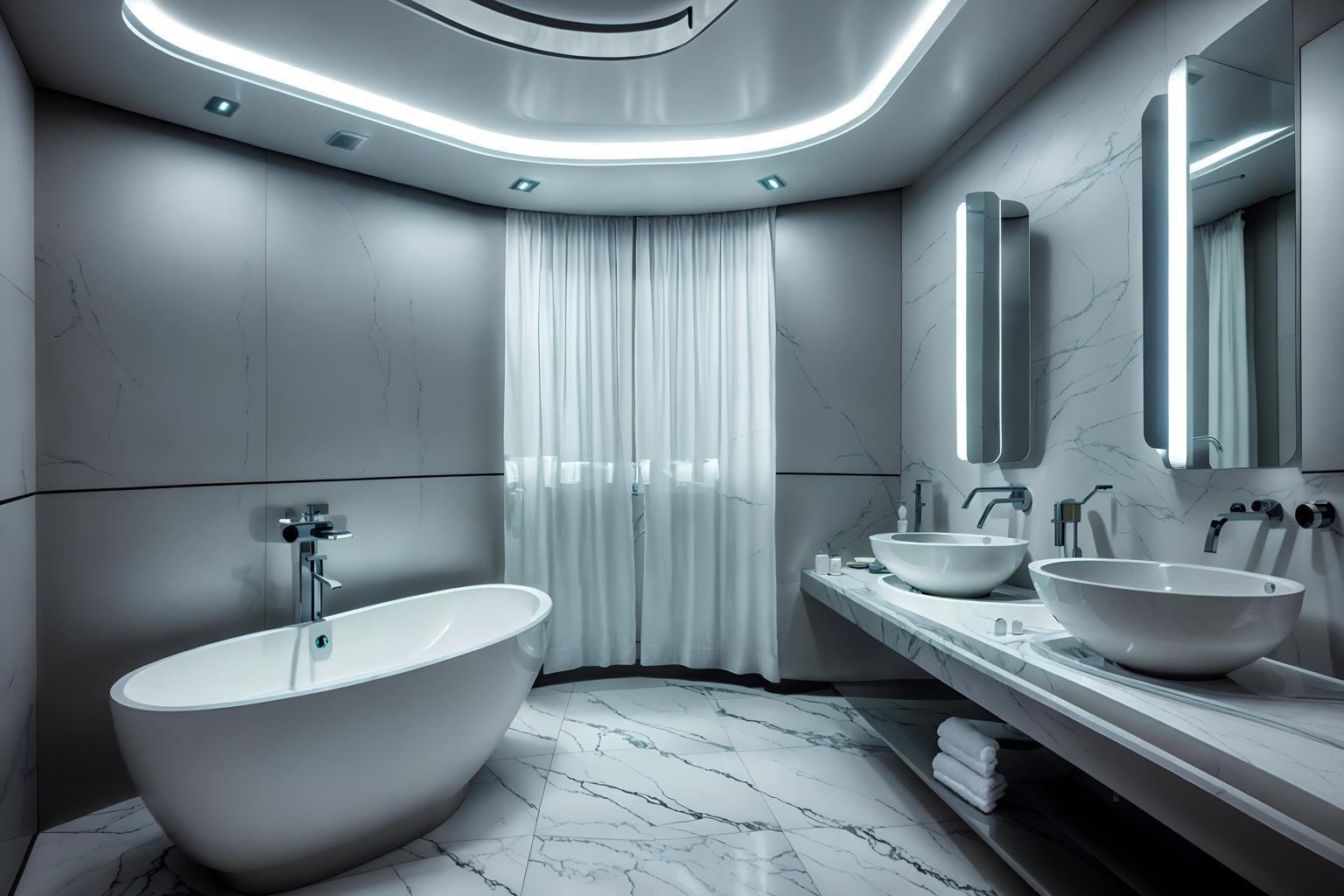 futuristic-style (hotel bathroom interior) with bathtub and bath towel and bathroom cabinet and toilet seat and bathroom sink with faucet and mirror and plant and bath rail. . with futuristic interior and spaceship interior and light colors and steel finishing and circular shapes and monochromatic palette and futurism minimalist interior and smooth polished marble. . cinematic photo, highly detailed, cinematic lighting, ultra-detailed, ultrarealistic, photorealism, 8k. futuristic interior design style. masterpiece, cinematic light, ultrarealistic+, photorealistic+, 8k, raw photo, realistic, sharp focus on eyes, (symmetrical eyes), (intact eyes), hyperrealistic, highest quality, best quality, , highly detailed, masterpiece, best quality, extremely detailed 8k wallpaper, masterpiece, best quality, ultra-detailed, best shadow, detailed background, detailed face, detailed eyes, high contrast, best illumination, detailed face, dulux, caustic, dynamic angle, detailed glow. dramatic lighting. highly detailed, insanely detailed hair, symmetrical, intricate details, professionally retouched, 8k high definition. strong bokeh. award winning photo.