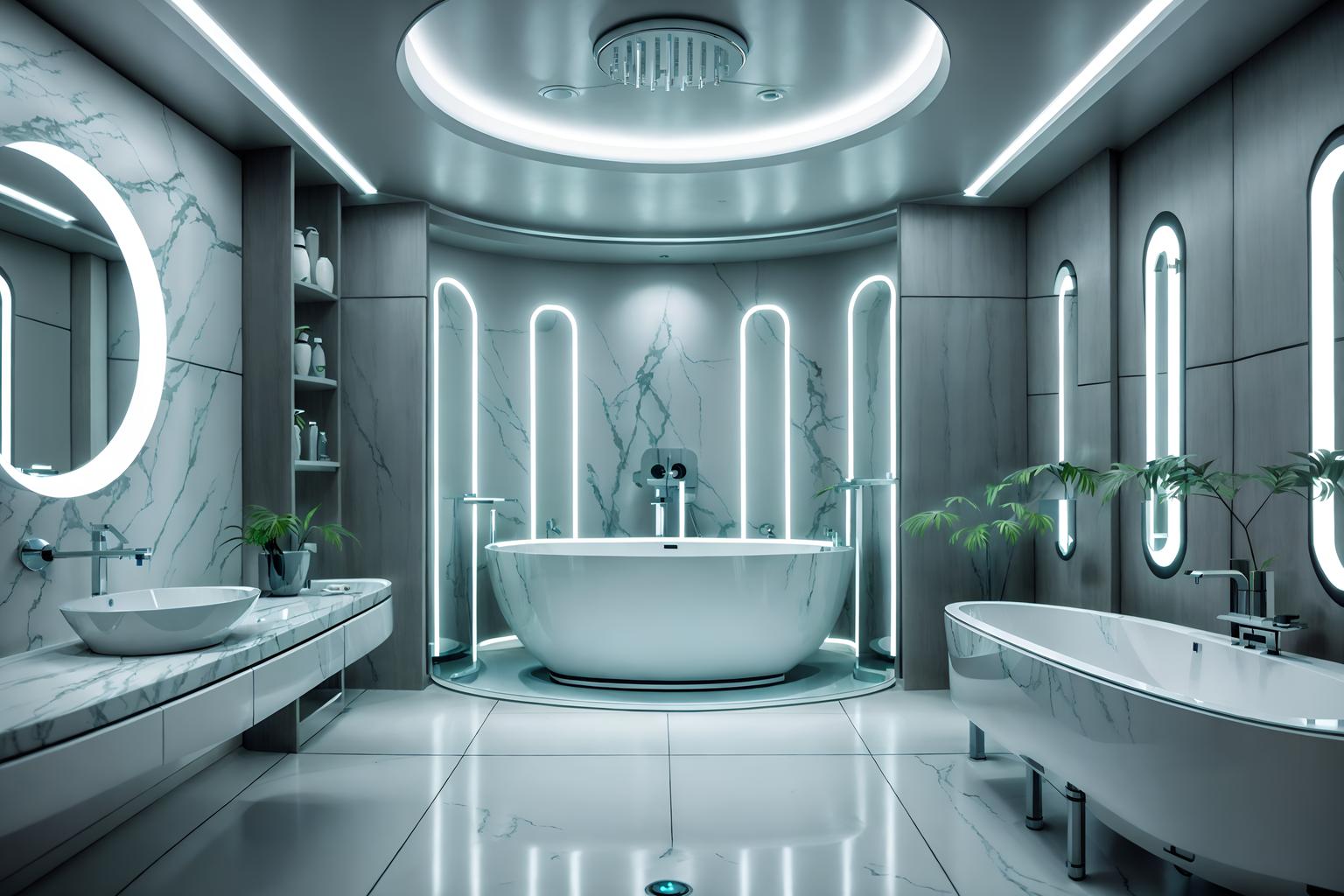 futuristic-style (hotel bathroom interior) with bathtub and bath towel and bathroom cabinet and toilet seat and bathroom sink with faucet and mirror and plant and bath rail. . with futuristic interior and spaceship interior and light colors and steel finishing and circular shapes and monochromatic palette and futurism minimalist interior and smooth polished marble. . cinematic photo, highly detailed, cinematic lighting, ultra-detailed, ultrarealistic, photorealism, 8k. futuristic interior design style. masterpiece, cinematic light, ultrarealistic+, photorealistic+, 8k, raw photo, realistic, sharp focus on eyes, (symmetrical eyes), (intact eyes), hyperrealistic, highest quality, best quality, , highly detailed, masterpiece, best quality, extremely detailed 8k wallpaper, masterpiece, best quality, ultra-detailed, best shadow, detailed background, detailed face, detailed eyes, high contrast, best illumination, detailed face, dulux, caustic, dynamic angle, detailed glow. dramatic lighting. highly detailed, insanely detailed hair, symmetrical, intricate details, professionally retouched, 8k high definition. strong bokeh. award winning photo.