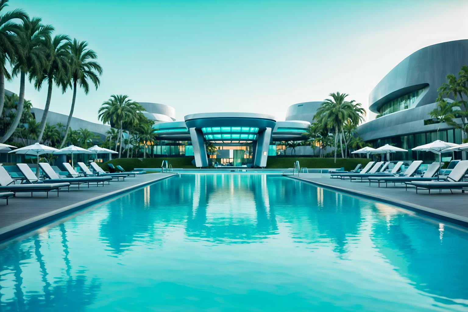 futuristic-style designed (outdoor pool area ) with pool lounge chairs and pool and pool lights and pool lounge chairs. . with neutral background and bright accents and steel finishing and floating surfaces and futurism minimalist and minimalist clean lines and light colors and futurism and futuristic . . cinematic photo, highly detailed, cinematic lighting, ultra-detailed, ultrarealistic, photorealism, 8k. futuristic design style. masterpiece, cinematic light, ultrarealistic+, photorealistic+, 8k, raw photo, realistic, sharp focus on eyes, (symmetrical eyes), (intact eyes), hyperrealistic, highest quality, best quality, , highly detailed, masterpiece, best quality, extremely detailed 8k wallpaper, masterpiece, best quality, ultra-detailed, best shadow, detailed background, detailed face, detailed eyes, high contrast, best illumination, detailed face, dulux, caustic, dynamic angle, detailed glow. dramatic lighting. highly detailed, insanely detailed hair, symmetrical, intricate details, professionally retouched, 8k high definition. strong bokeh. award winning photo.