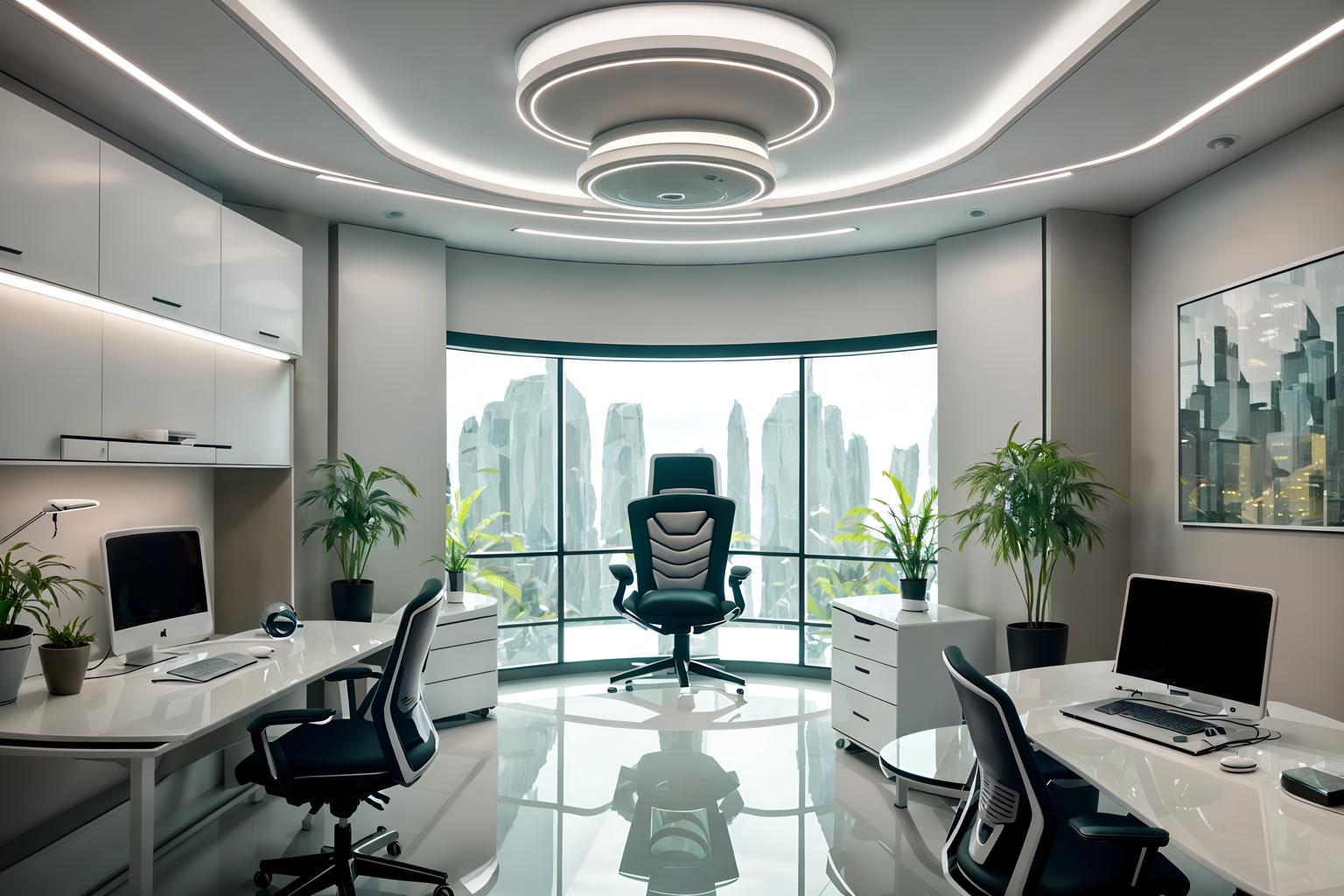 futuristic-style (home office interior) with desk lamp and plant and cabinets and computer desk and office chair and desk lamp. . with futurism minimalist interior and circular shapes and futuristic interior and smooth marble and light colors and monochromatic palette and neutral background and bright accents and glass panes. . cinematic photo, highly detailed, cinematic lighting, ultra-detailed, ultrarealistic, photorealism, 8k. futuristic interior design style. masterpiece, cinematic light, ultrarealistic+, photorealistic+, 8k, raw photo, realistic, sharp focus on eyes, (symmetrical eyes), (intact eyes), hyperrealistic, highest quality, best quality, , highly detailed, masterpiece, best quality, extremely detailed 8k wallpaper, masterpiece, best quality, ultra-detailed, best shadow, detailed background, detailed face, detailed eyes, high contrast, best illumination, detailed face, dulux, caustic, dynamic angle, detailed glow. dramatic lighting. highly detailed, insanely detailed hair, symmetrical, intricate details, professionally retouched, 8k high definition. strong bokeh. award winning photo.