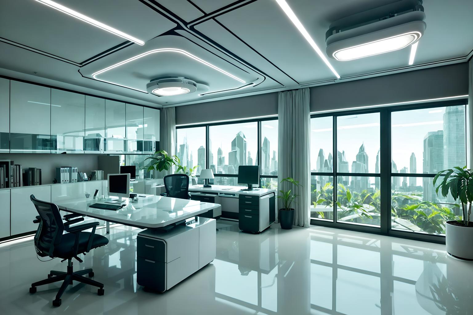 futuristic-style (home office interior) with desk lamp and plant and cabinets and computer desk and office chair and desk lamp. . with futurism minimalist interior and circular shapes and futuristic interior and smooth marble and light colors and monochromatic palette and neutral background and bright accents and glass panes. . cinematic photo, highly detailed, cinematic lighting, ultra-detailed, ultrarealistic, photorealism, 8k. futuristic interior design style. masterpiece, cinematic light, ultrarealistic+, photorealistic+, 8k, raw photo, realistic, sharp focus on eyes, (symmetrical eyes), (intact eyes), hyperrealistic, highest quality, best quality, , highly detailed, masterpiece, best quality, extremely detailed 8k wallpaper, masterpiece, best quality, ultra-detailed, best shadow, detailed background, detailed face, detailed eyes, high contrast, best illumination, detailed face, dulux, caustic, dynamic angle, detailed glow. dramatic lighting. highly detailed, insanely detailed hair, symmetrical, intricate details, professionally retouched, 8k high definition. strong bokeh. award winning photo.