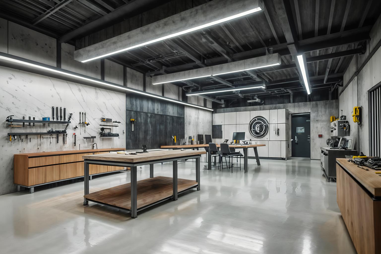 futuristic-style (workshop interior) with tool wall and wooden workbench and messy and tool wall. . with minimalist clean lines and light colors and smooth marble and floating surfaces and steel finishing and futuristic interior and strong geometric walls and neutral background and bright accents. . cinematic photo, highly detailed, cinematic lighting, ultra-detailed, ultrarealistic, photorealism, 8k. futuristic interior design style. masterpiece, cinematic light, ultrarealistic+, photorealistic+, 8k, raw photo, realistic, sharp focus on eyes, (symmetrical eyes), (intact eyes), hyperrealistic, highest quality, best quality, , highly detailed, masterpiece, best quality, extremely detailed 8k wallpaper, masterpiece, best quality, ultra-detailed, best shadow, detailed background, detailed face, detailed eyes, high contrast, best illumination, detailed face, dulux, caustic, dynamic angle, detailed glow. dramatic lighting. highly detailed, insanely detailed hair, symmetrical, intricate details, professionally retouched, 8k high definition. strong bokeh. award winning photo.