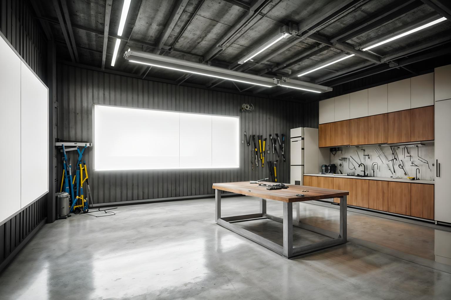 futuristic-style (workshop interior) with tool wall and wooden workbench and messy and tool wall. . with minimalist clean lines and light colors and smooth marble and floating surfaces and steel finishing and futuristic interior and strong geometric walls and neutral background and bright accents. . cinematic photo, highly detailed, cinematic lighting, ultra-detailed, ultrarealistic, photorealism, 8k. futuristic interior design style. masterpiece, cinematic light, ultrarealistic+, photorealistic+, 8k, raw photo, realistic, sharp focus on eyes, (symmetrical eyes), (intact eyes), hyperrealistic, highest quality, best quality, , highly detailed, masterpiece, best quality, extremely detailed 8k wallpaper, masterpiece, best quality, ultra-detailed, best shadow, detailed background, detailed face, detailed eyes, high contrast, best illumination, detailed face, dulux, caustic, dynamic angle, detailed glow. dramatic lighting. highly detailed, insanely detailed hair, symmetrical, intricate details, professionally retouched, 8k high definition. strong bokeh. award winning photo.