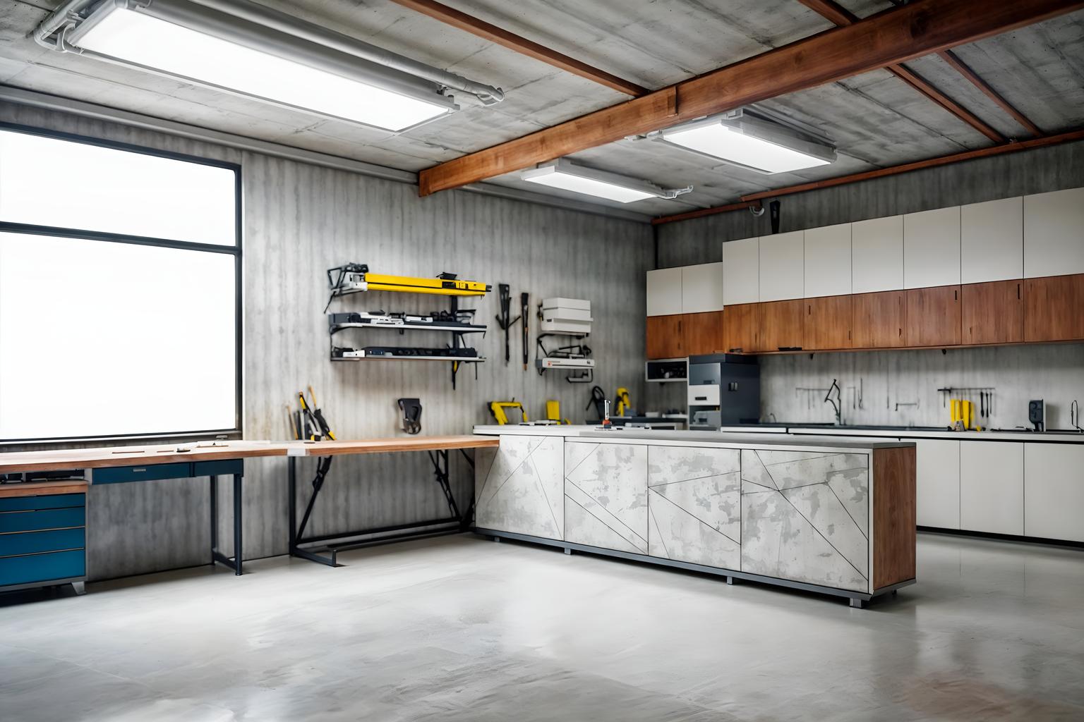 futuristic-style (workshop interior) with tool wall and wooden workbench and messy and tool wall. . with minimalist clean lines and light colors and smooth marble and floating surfaces and steel finishing and futuristic interior and strong geometric walls and neutral background and bright accents. . cinematic photo, highly detailed, cinematic lighting, ultra-detailed, ultrarealistic, photorealism, 8k. futuristic interior design style. masterpiece, cinematic light, ultrarealistic+, photorealistic+, 8k, raw photo, realistic, sharp focus on eyes, (symmetrical eyes), (intact eyes), hyperrealistic, highest quality, best quality, , highly detailed, masterpiece, best quality, extremely detailed 8k wallpaper, masterpiece, best quality, ultra-detailed, best shadow, detailed background, detailed face, detailed eyes, high contrast, best illumination, detailed face, dulux, caustic, dynamic angle, detailed glow. dramatic lighting. highly detailed, insanely detailed hair, symmetrical, intricate details, professionally retouched, 8k high definition. strong bokeh. award winning photo.