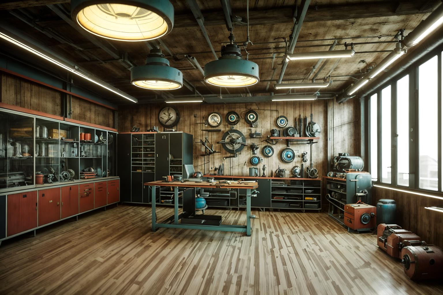 retro futuristic-style (workshop interior) with tool wall and messy and wooden workbench and tool wall. . with futurism minimalist interior and floating surfaces and vintage futurism and strong geometric walls and circular shapes and glass panes and neutral background and bright accents and steel finishing. . cinematic photo, highly detailed, cinematic lighting, ultra-detailed, ultrarealistic, photorealism, 8k. retro futuristic interior design style. masterpiece, cinematic light, ultrarealistic+, photorealistic+, 8k, raw photo, realistic, sharp focus on eyes, (symmetrical eyes), (intact eyes), hyperrealistic, highest quality, best quality, , highly detailed, masterpiece, best quality, extremely detailed 8k wallpaper, masterpiece, best quality, ultra-detailed, best shadow, detailed background, detailed face, detailed eyes, high contrast, best illumination, detailed face, dulux, caustic, dynamic angle, detailed glow. dramatic lighting. highly detailed, insanely detailed hair, symmetrical, intricate details, professionally retouched, 8k high definition. strong bokeh. award winning photo.