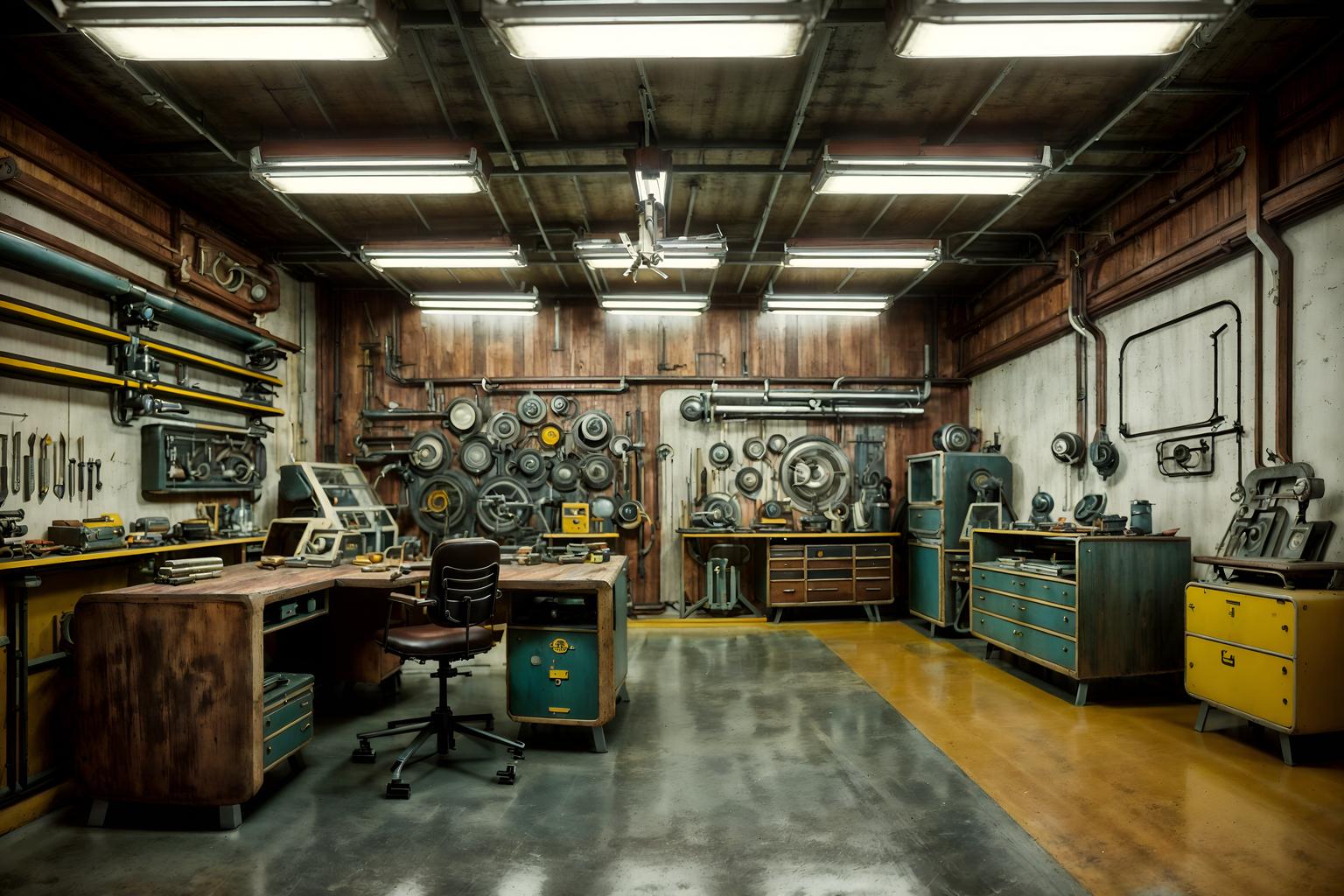 retro futuristic-style (workshop interior) with tool wall and messy and wooden workbench and tool wall. . with futurism minimalist interior and floating surfaces and vintage futurism and strong geometric walls and circular shapes and glass panes and neutral background and bright accents and steel finishing. . cinematic photo, highly detailed, cinematic lighting, ultra-detailed, ultrarealistic, photorealism, 8k. retro futuristic interior design style. masterpiece, cinematic light, ultrarealistic+, photorealistic+, 8k, raw photo, realistic, sharp focus on eyes, (symmetrical eyes), (intact eyes), hyperrealistic, highest quality, best quality, , highly detailed, masterpiece, best quality, extremely detailed 8k wallpaper, masterpiece, best quality, ultra-detailed, best shadow, detailed background, detailed face, detailed eyes, high contrast, best illumination, detailed face, dulux, caustic, dynamic angle, detailed glow. dramatic lighting. highly detailed, insanely detailed hair, symmetrical, intricate details, professionally retouched, 8k high definition. strong bokeh. award winning photo.