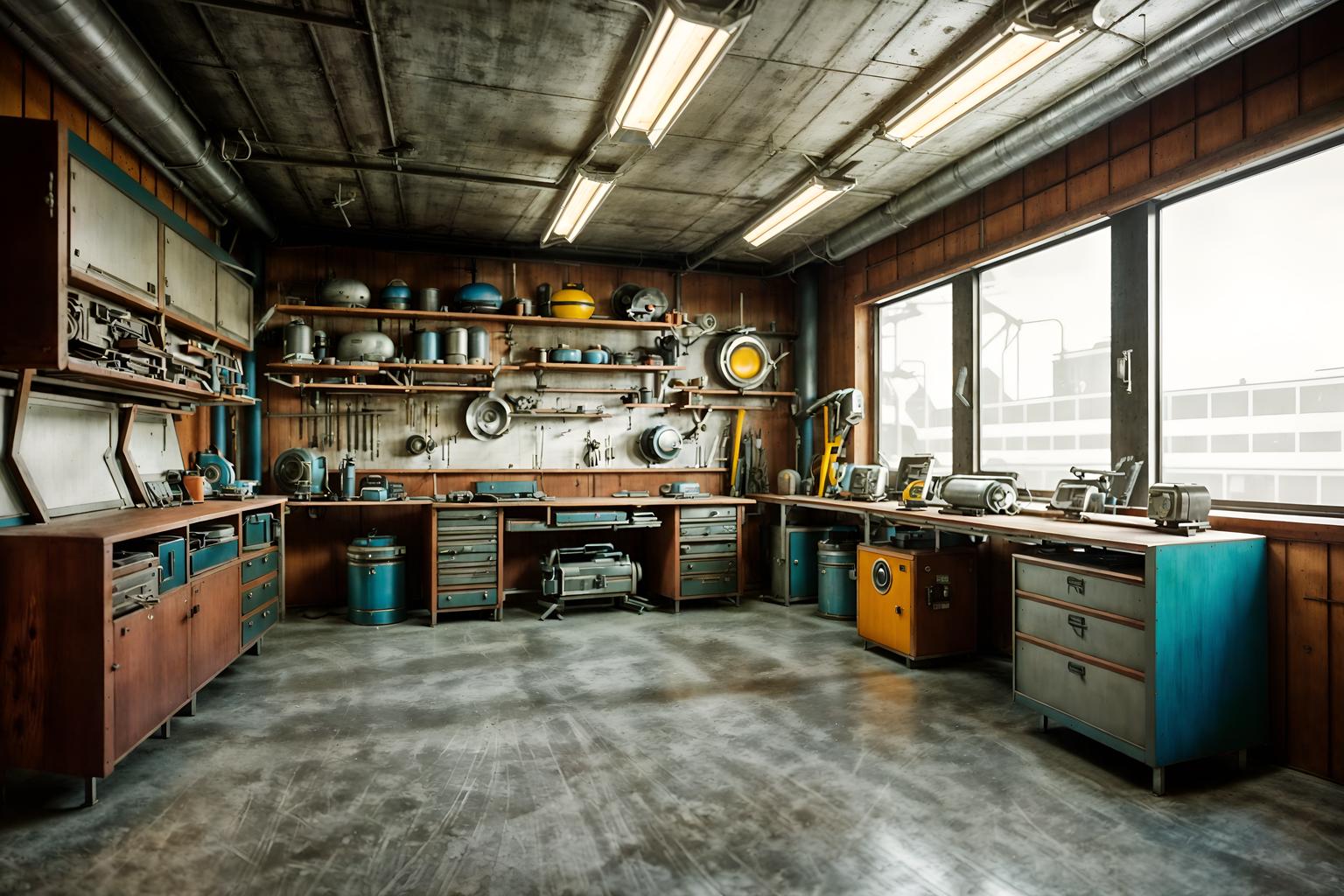 retro futuristic-style (workshop interior) with tool wall and messy and wooden workbench and tool wall. . with futurism minimalist interior and floating surfaces and vintage futurism and strong geometric walls and circular shapes and glass panes and neutral background and bright accents and steel finishing. . cinematic photo, highly detailed, cinematic lighting, ultra-detailed, ultrarealistic, photorealism, 8k. retro futuristic interior design style. masterpiece, cinematic light, ultrarealistic+, photorealistic+, 8k, raw photo, realistic, sharp focus on eyes, (symmetrical eyes), (intact eyes), hyperrealistic, highest quality, best quality, , highly detailed, masterpiece, best quality, extremely detailed 8k wallpaper, masterpiece, best quality, ultra-detailed, best shadow, detailed background, detailed face, detailed eyes, high contrast, best illumination, detailed face, dulux, caustic, dynamic angle, detailed glow. dramatic lighting. highly detailed, insanely detailed hair, symmetrical, intricate details, professionally retouched, 8k high definition. strong bokeh. award winning photo.