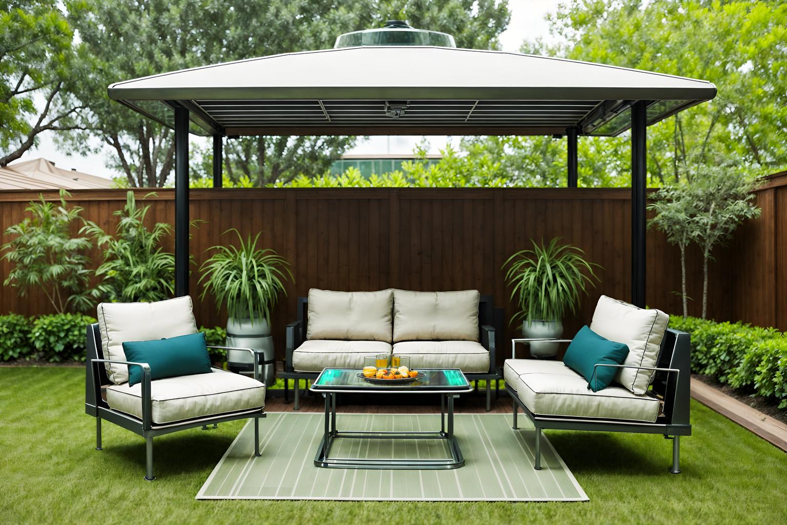 retro futuristic-style designed (outdoor patio ) with barbeque or grill and deck with deck chairs and patio couch with pillows and grass and plant and barbeque or grill. . with neutral background and bright accents and floating surfaces and monochromatic palette and glass panes and futuristic and vintage futurism and futurism minimalist and minimalist clean lines. . cinematic photo, highly detailed, cinematic lighting, ultra-detailed, ultrarealistic, photorealism, 8k. retro futuristic design style. masterpiece, cinematic light, ultrarealistic+, photorealistic+, 8k, raw photo, realistic, sharp focus on eyes, (symmetrical eyes), (intact eyes), hyperrealistic, highest quality, best quality, , highly detailed, masterpiece, best quality, extremely detailed 8k wallpaper, masterpiece, best quality, ultra-detailed, best shadow, detailed background, detailed face, detailed eyes, high contrast, best illumination, detailed face, dulux, caustic, dynamic angle, detailed glow. dramatic lighting. highly detailed, insanely detailed hair, symmetrical, intricate details, professionally retouched, 8k high definition. strong bokeh. award winning photo.