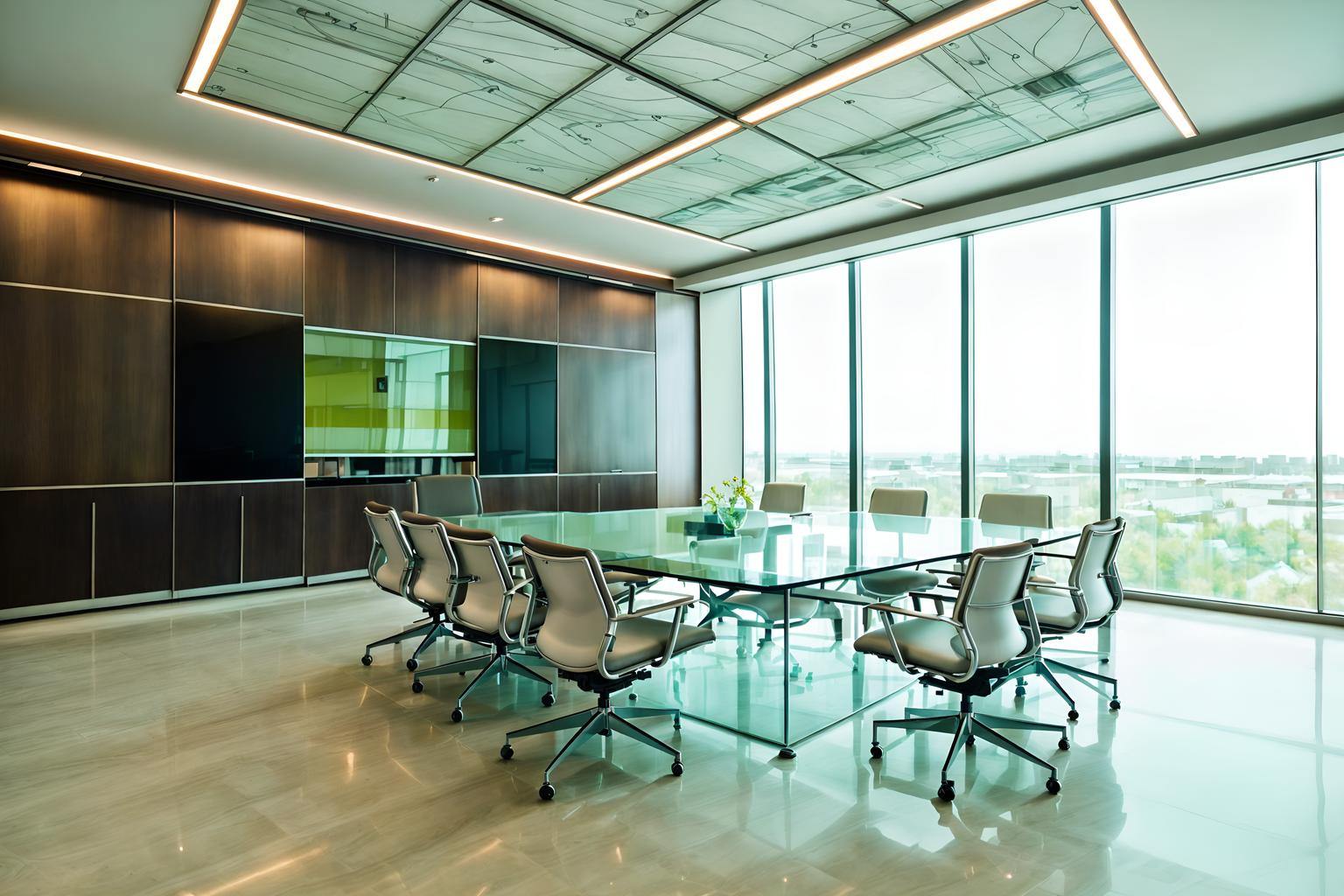 retro futuristic-style (meeting room interior) with glass doors and glass walls and boardroom table and plant and cabinets and painting or photo on wall and vase and office chairs. . with neutral background and bright accents and futuristic interior and floating surfaces and minimalist clean lines and light colors and smooth marble and steel finishing and smooth polished marble. . cinematic photo, highly detailed, cinematic lighting, ultra-detailed, ultrarealistic, photorealism, 8k. retro futuristic interior design style. masterpiece, cinematic light, ultrarealistic+, photorealistic+, 8k, raw photo, realistic, sharp focus on eyes, (symmetrical eyes), (intact eyes), hyperrealistic, highest quality, best quality, , highly detailed, masterpiece, best quality, extremely detailed 8k wallpaper, masterpiece, best quality, ultra-detailed, best shadow, detailed background, detailed face, detailed eyes, high contrast, best illumination, detailed face, dulux, caustic, dynamic angle, detailed glow. dramatic lighting. highly detailed, insanely detailed hair, symmetrical, intricate details, professionally retouched, 8k high definition. strong bokeh. award winning photo.