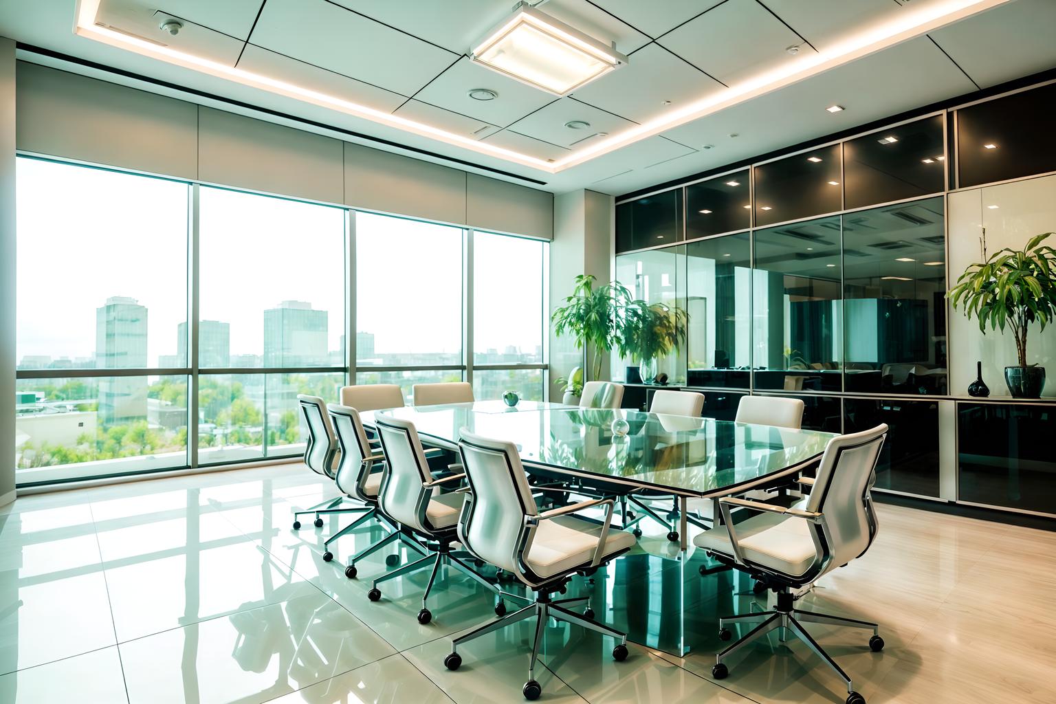 retro futuristic-style (meeting room interior) with glass doors and glass walls and boardroom table and plant and cabinets and painting or photo on wall and vase and office chairs. . with neutral background and bright accents and futuristic interior and floating surfaces and minimalist clean lines and light colors and smooth marble and steel finishing and smooth polished marble. . cinematic photo, highly detailed, cinematic lighting, ultra-detailed, ultrarealistic, photorealism, 8k. retro futuristic interior design style. masterpiece, cinematic light, ultrarealistic+, photorealistic+, 8k, raw photo, realistic, sharp focus on eyes, (symmetrical eyes), (intact eyes), hyperrealistic, highest quality, best quality, , highly detailed, masterpiece, best quality, extremely detailed 8k wallpaper, masterpiece, best quality, ultra-detailed, best shadow, detailed background, detailed face, detailed eyes, high contrast, best illumination, detailed face, dulux, caustic, dynamic angle, detailed glow. dramatic lighting. highly detailed, insanely detailed hair, symmetrical, intricate details, professionally retouched, 8k high definition. strong bokeh. award winning photo.