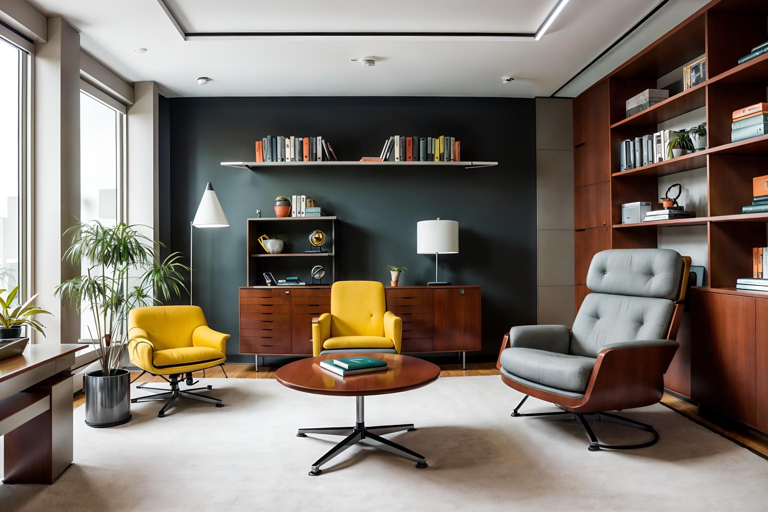 retro futuristic-style (study room interior) with cabinets and lounge chair and office chair and bookshelves and plant and writing desk and desk lamp and cabinets. . with futuristic interior and monochromatic palette and neutral background and bright accents and minimalist clean lines and strong geometric walls and smooth polished marble and circular shapes and steel finishing. . cinematic photo, highly detailed, cinematic lighting, ultra-detailed, ultrarealistic, photorealism, 8k. retro futuristic interior design style. masterpiece, cinematic light, ultrarealistic+, photorealistic+, 8k, raw photo, realistic, sharp focus on eyes, (symmetrical eyes), (intact eyes), hyperrealistic, highest quality, best quality, , highly detailed, masterpiece, best quality, extremely detailed 8k wallpaper, masterpiece, best quality, ultra-detailed, best shadow, detailed background, detailed face, detailed eyes, high contrast, best illumination, detailed face, dulux, caustic, dynamic angle, detailed glow. dramatic lighting. highly detailed, insanely detailed hair, symmetrical, intricate details, professionally retouched, 8k high definition. strong bokeh. award winning photo.