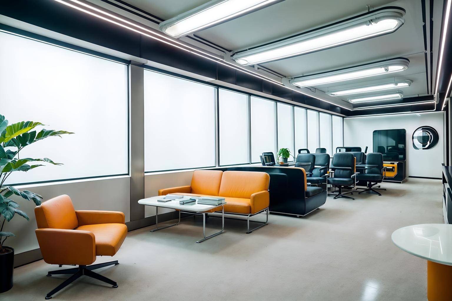 retro futuristic-style (office interior) with cabinets and windows and computer desks and lounge chairs and seating area with sofa and office chairs and office desks and plants. . with minimalist clean lines and smooth polished marble and vintage futurism and light colors and glass panes and futurism minimalist interior and steel finishing and futuristic interior. . cinematic photo, highly detailed, cinematic lighting, ultra-detailed, ultrarealistic, photorealism, 8k. retro futuristic interior design style. masterpiece, cinematic light, ultrarealistic+, photorealistic+, 8k, raw photo, realistic, sharp focus on eyes, (symmetrical eyes), (intact eyes), hyperrealistic, highest quality, best quality, , highly detailed, masterpiece, best quality, extremely detailed 8k wallpaper, masterpiece, best quality, ultra-detailed, best shadow, detailed background, detailed face, detailed eyes, high contrast, best illumination, detailed face, dulux, caustic, dynamic angle, detailed glow. dramatic lighting. highly detailed, insanely detailed hair, symmetrical, intricate details, professionally retouched, 8k high definition. strong bokeh. award winning photo.