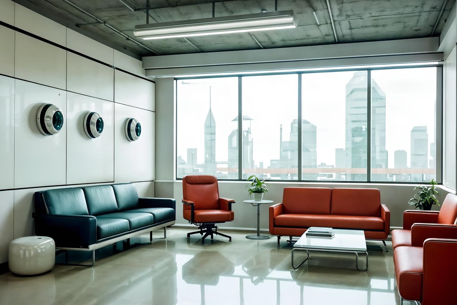 retro futuristic-style (office interior) with cabinets and windows and computer desks and lounge chairs and seating area with sofa and office chairs and office desks and plants. . with minimalist clean lines and smooth polished marble and vintage futurism and light colors and glass panes and futurism minimalist interior and steel finishing and futuristic interior. . cinematic photo, highly detailed, cinematic lighting, ultra-detailed, ultrarealistic, photorealism, 8k. retro futuristic interior design style. masterpiece, cinematic light, ultrarealistic+, photorealistic+, 8k, raw photo, realistic, sharp focus on eyes, (symmetrical eyes), (intact eyes), hyperrealistic, highest quality, best quality, , highly detailed, masterpiece, best quality, extremely detailed 8k wallpaper, masterpiece, best quality, ultra-detailed, best shadow, detailed background, detailed face, detailed eyes, high contrast, best illumination, detailed face, dulux, caustic, dynamic angle, detailed glow. dramatic lighting. highly detailed, insanely detailed hair, symmetrical, intricate details, professionally retouched, 8k high definition. strong bokeh. award winning photo.