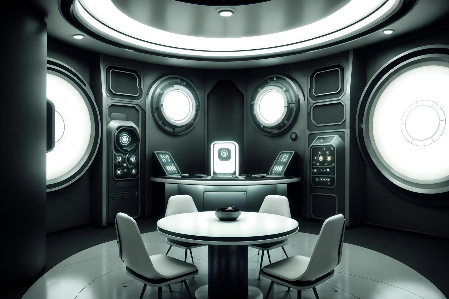 retro futuristic-style (exhibition space interior) . with circular shapes and neutral background and bright accents and light colors and futuristic interior and steel finishing and floating surfaces and monochromatic palette and vintage futurism. . cinematic photo, highly detailed, cinematic lighting, ultra-detailed, ultrarealistic, photorealism, 8k. retro futuristic interior design style. masterpiece, cinematic light, ultrarealistic+, photorealistic+, 8k, raw photo, realistic, sharp focus on eyes, (symmetrical eyes), (intact eyes), hyperrealistic, highest quality, best quality, , highly detailed, masterpiece, best quality, extremely detailed 8k wallpaper, masterpiece, best quality, ultra-detailed, best shadow, detailed background, detailed face, detailed eyes, high contrast, best illumination, detailed face, dulux, caustic, dynamic angle, detailed glow. dramatic lighting. highly detailed, insanely detailed hair, symmetrical, intricate details, professionally retouched, 8k high definition. strong bokeh. award winning photo.