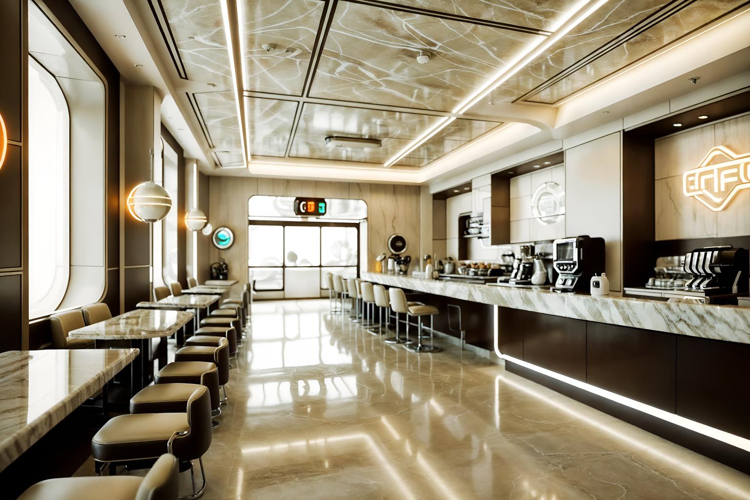 retro futuristic-style (coffee shop interior) . with light colors and neutral background and bright accents and smooth polished marble and smooth marble and vintage futurism and futurism minimalist interior and glass panes and floating surfaces. . cinematic photo, highly detailed, cinematic lighting, ultra-detailed, ultrarealistic, photorealism, 8k. retro futuristic interior design style. masterpiece, cinematic light, ultrarealistic+, photorealistic+, 8k, raw photo, realistic, sharp focus on eyes, (symmetrical eyes), (intact eyes), hyperrealistic, highest quality, best quality, , highly detailed, masterpiece, best quality, extremely detailed 8k wallpaper, masterpiece, best quality, ultra-detailed, best shadow, detailed background, detailed face, detailed eyes, high contrast, best illumination, detailed face, dulux, caustic, dynamic angle, detailed glow. dramatic lighting. highly detailed, insanely detailed hair, symmetrical, intricate details, professionally retouched, 8k high definition. strong bokeh. award winning photo.